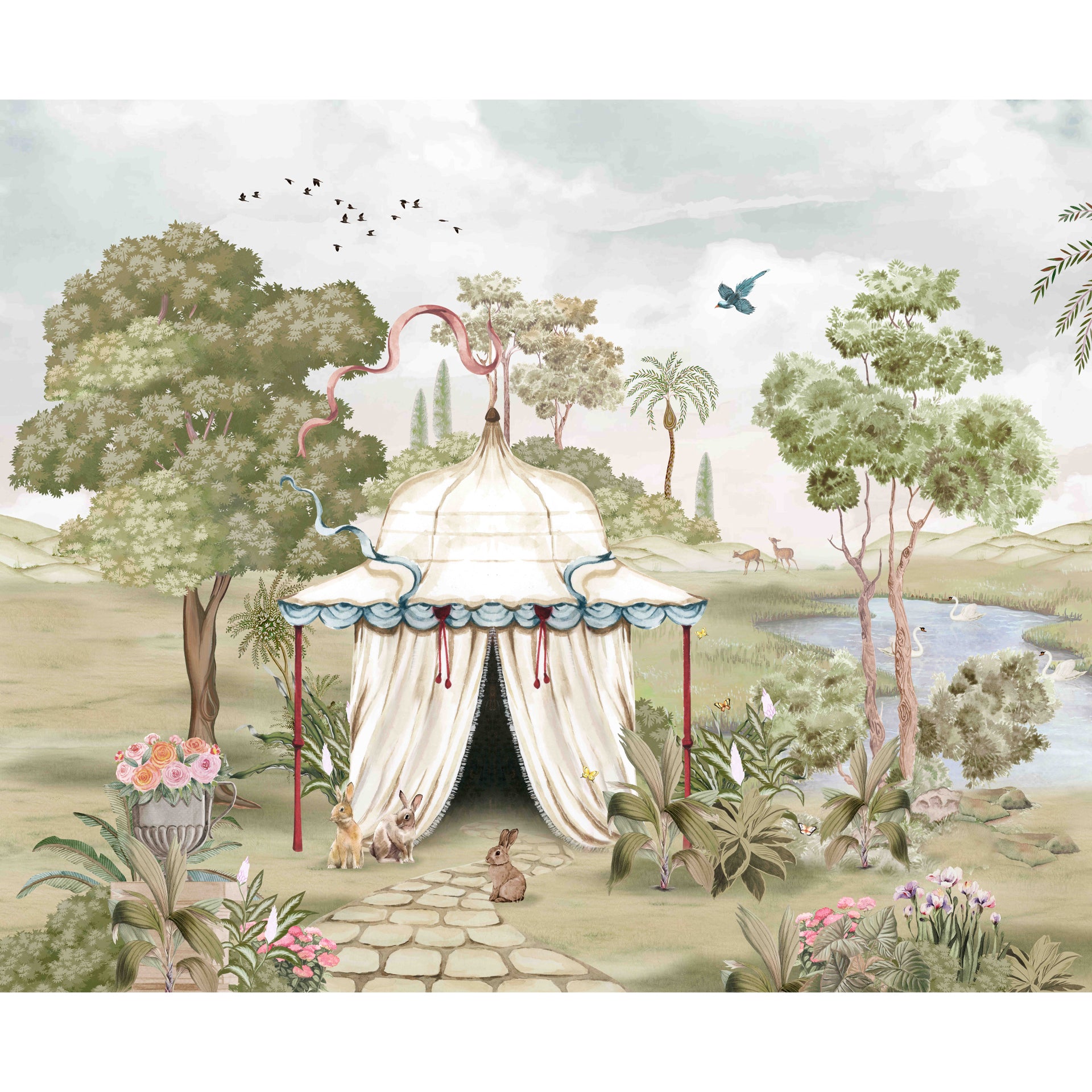 Soft Shelter: Whimsical Tent Landscape With Animals in a Serene Natural Setting