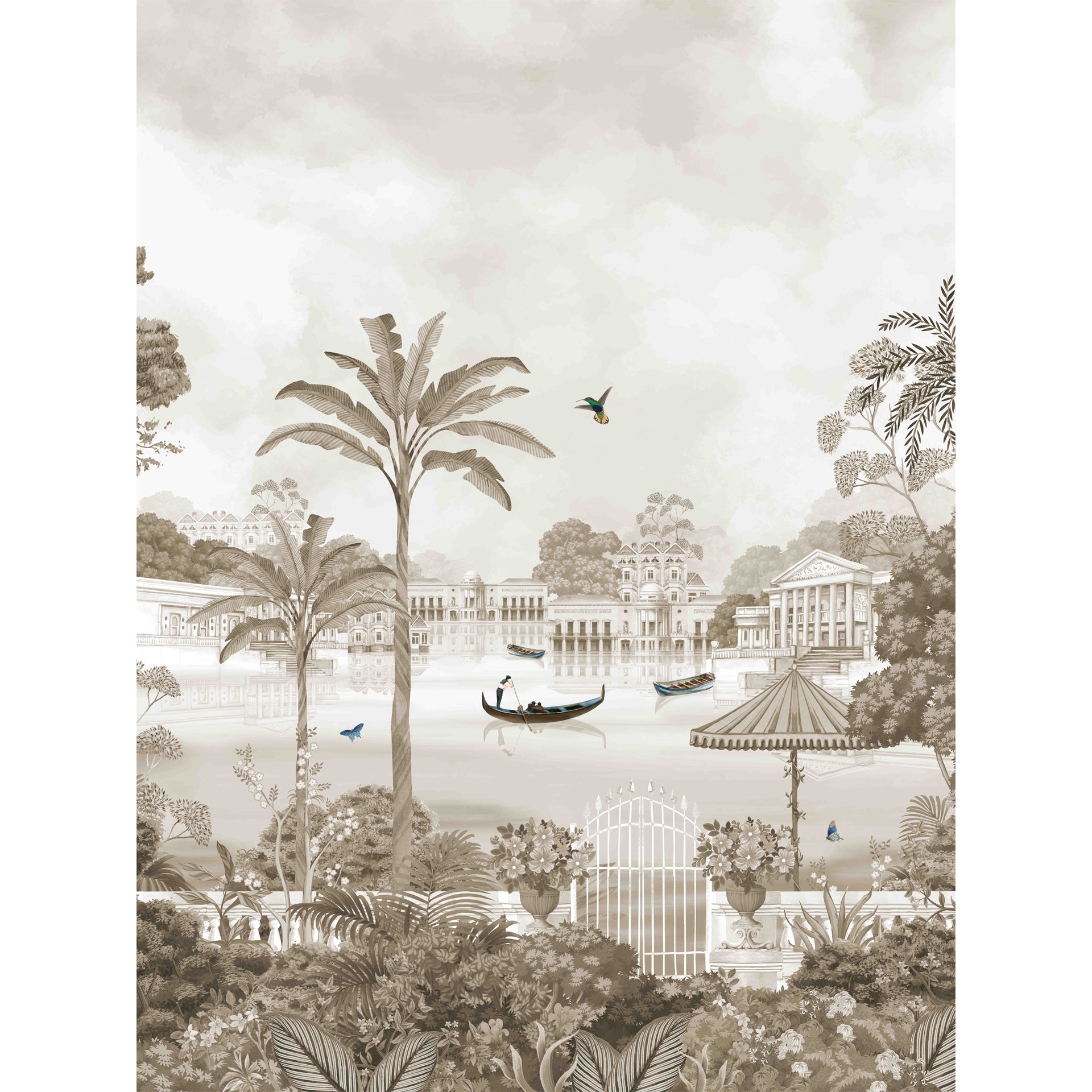 Harbour of Grace Sepia: Scenic Riverside View of Colonial Buildings with Gondola in a Serene Landscape