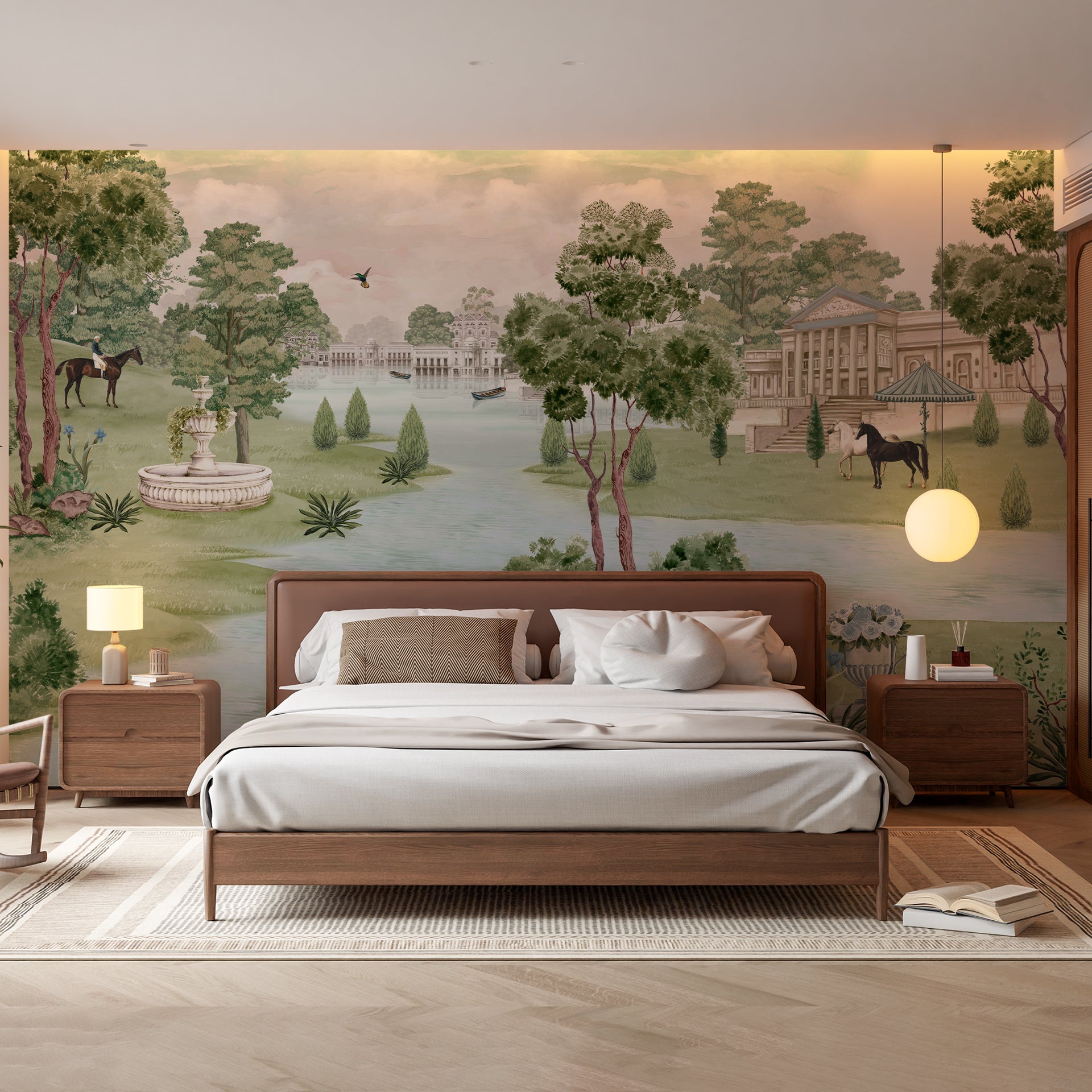Royal Waterscape: A calm river flows between elegant English palaces, with boats, fountains,
and garden details creating a peaceful, balanced scene