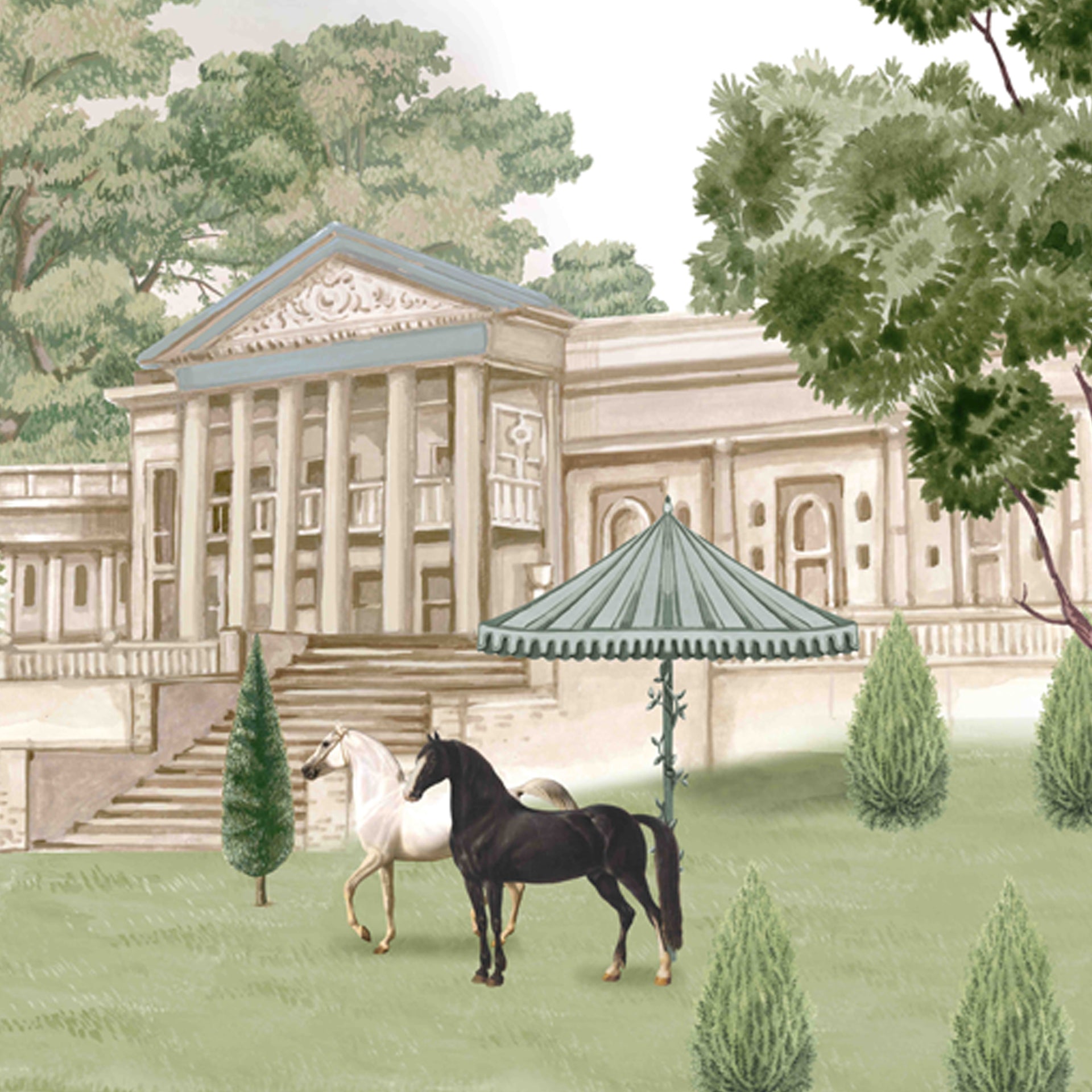 Royal Waterscape: A calm river flows between elegant English palaces, with boats, fountains,
and garden details creating a peaceful, balanced scene