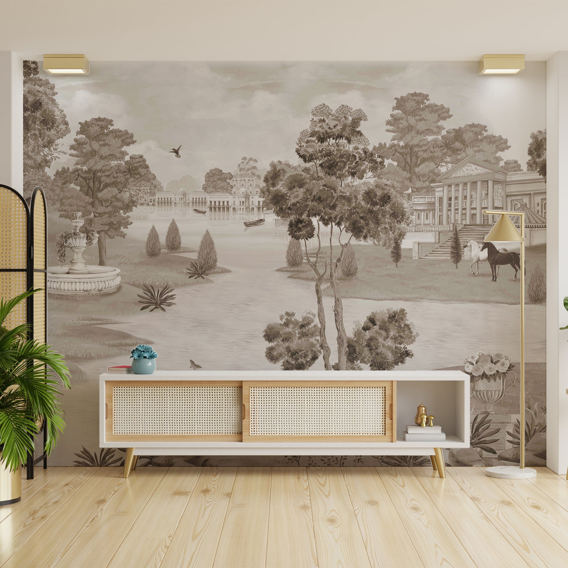 Royal Waterscape Sepia: Sepia Landscape Featuring Elegant Estate with Fountain, Horses, and Scenic Water Views