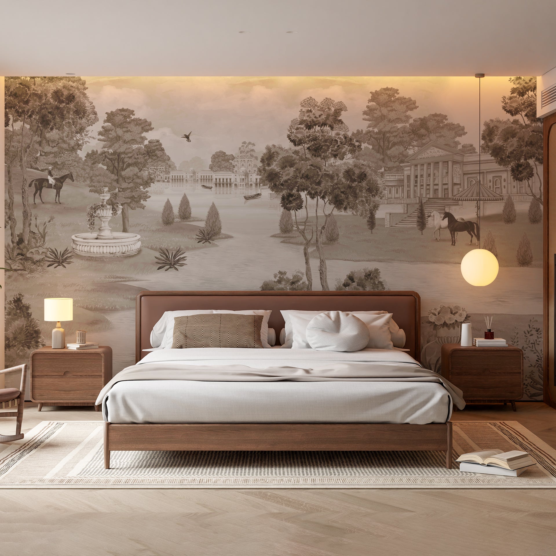 Royal Waterscape Sepia: Sepia Landscape Featuring Elegant Estate with Fountain, Horses, and Scenic Water Views