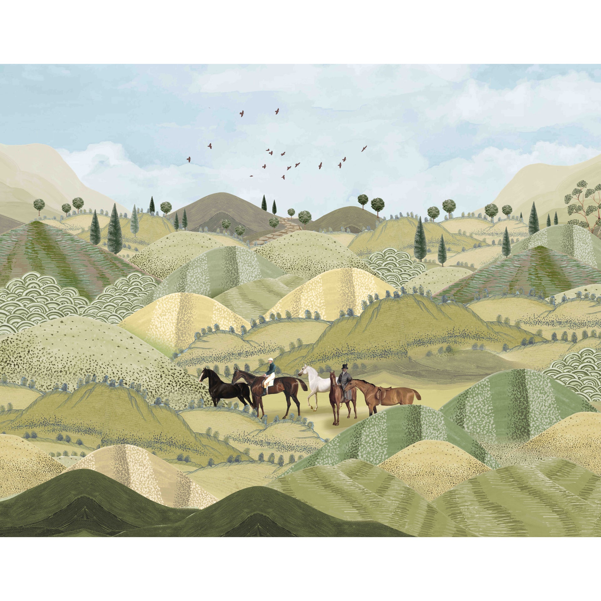 Horizon Riders: Soft hills unfold into the distance as riders pass through quiet valleys