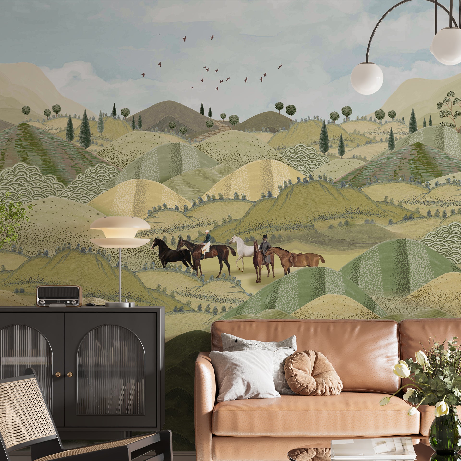 Horizon Riders: Soft hills unfold into the distance as riders pass through quiet valleys