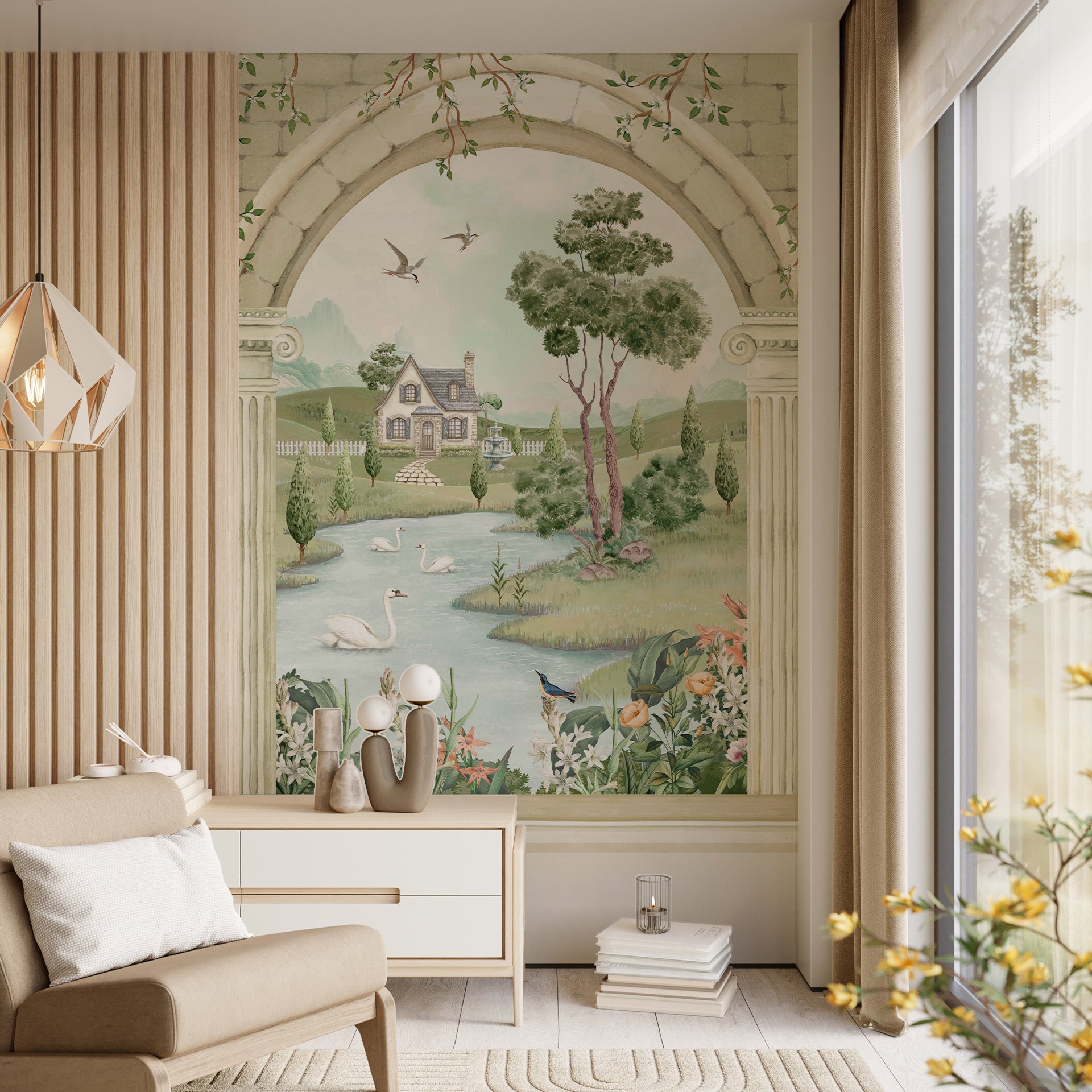The Countryside Cottage: Picturesque Countryside Cottage Surrounded by Nature with Swans and Blooming Flowers