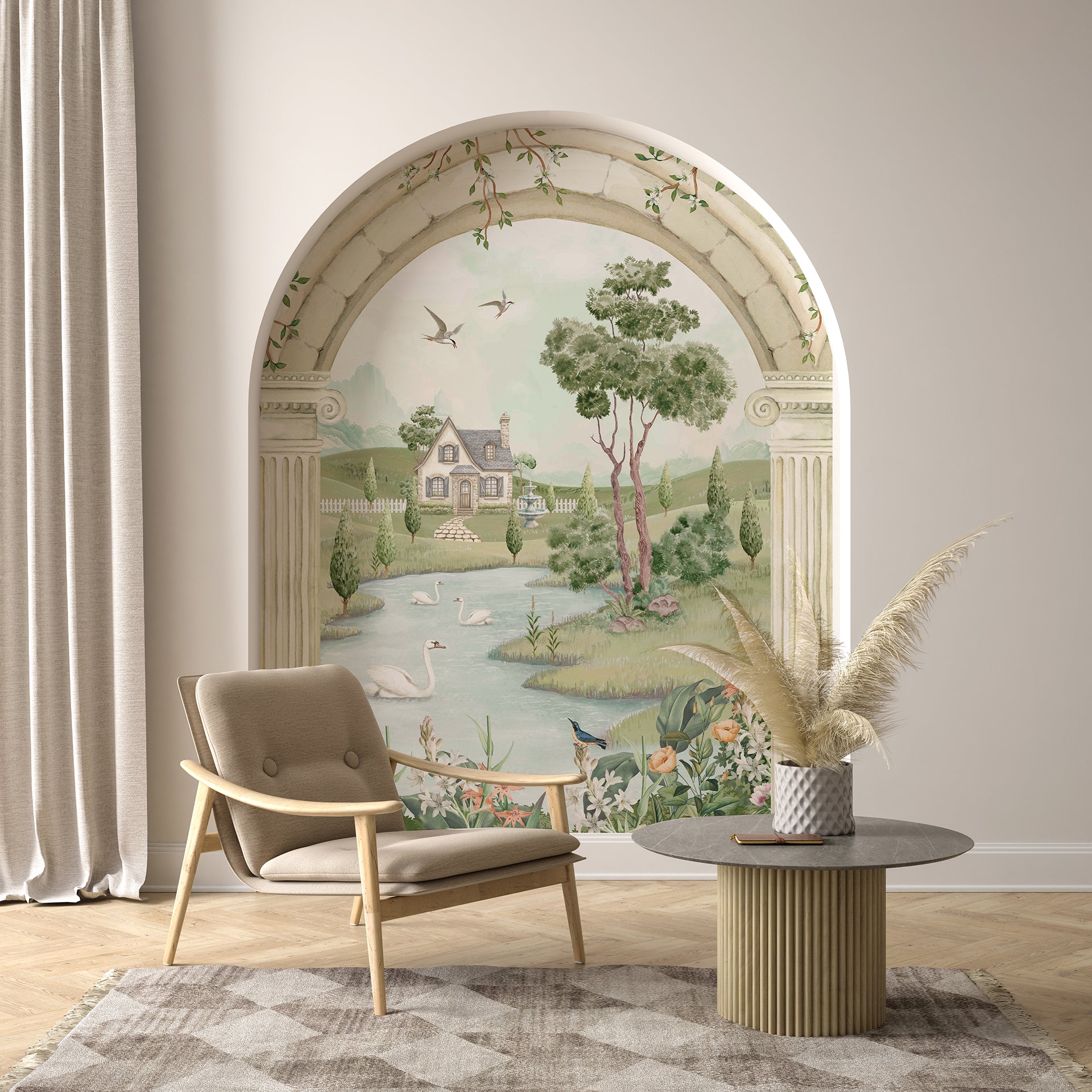 The Countryside Cottage: Picturesque Countryside Cottage Surrounded by Nature with Swans and Blooming Flowers