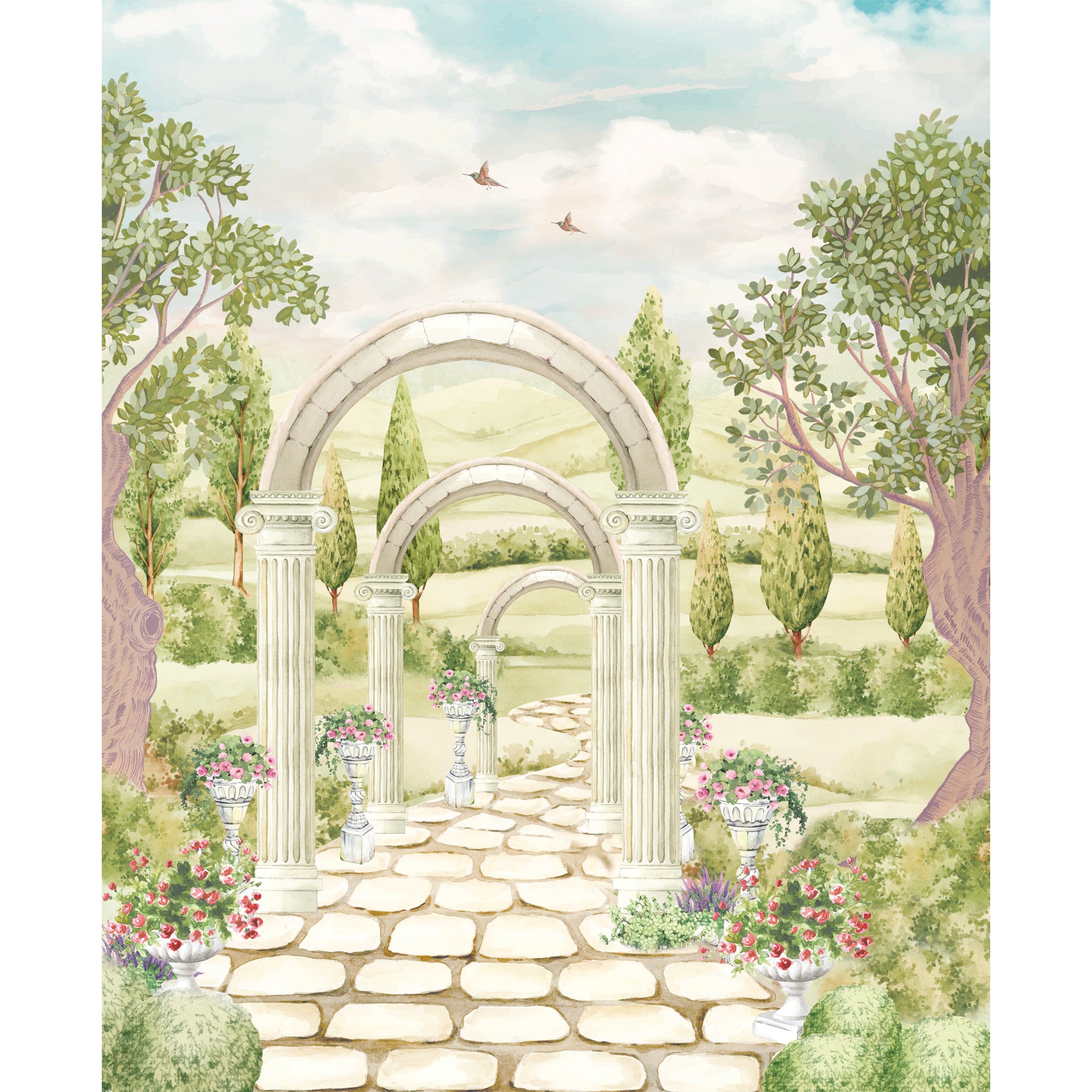 Courtyard Trail: Elegant Stone Garden Pathway with Romantic Archways and Floral Décor