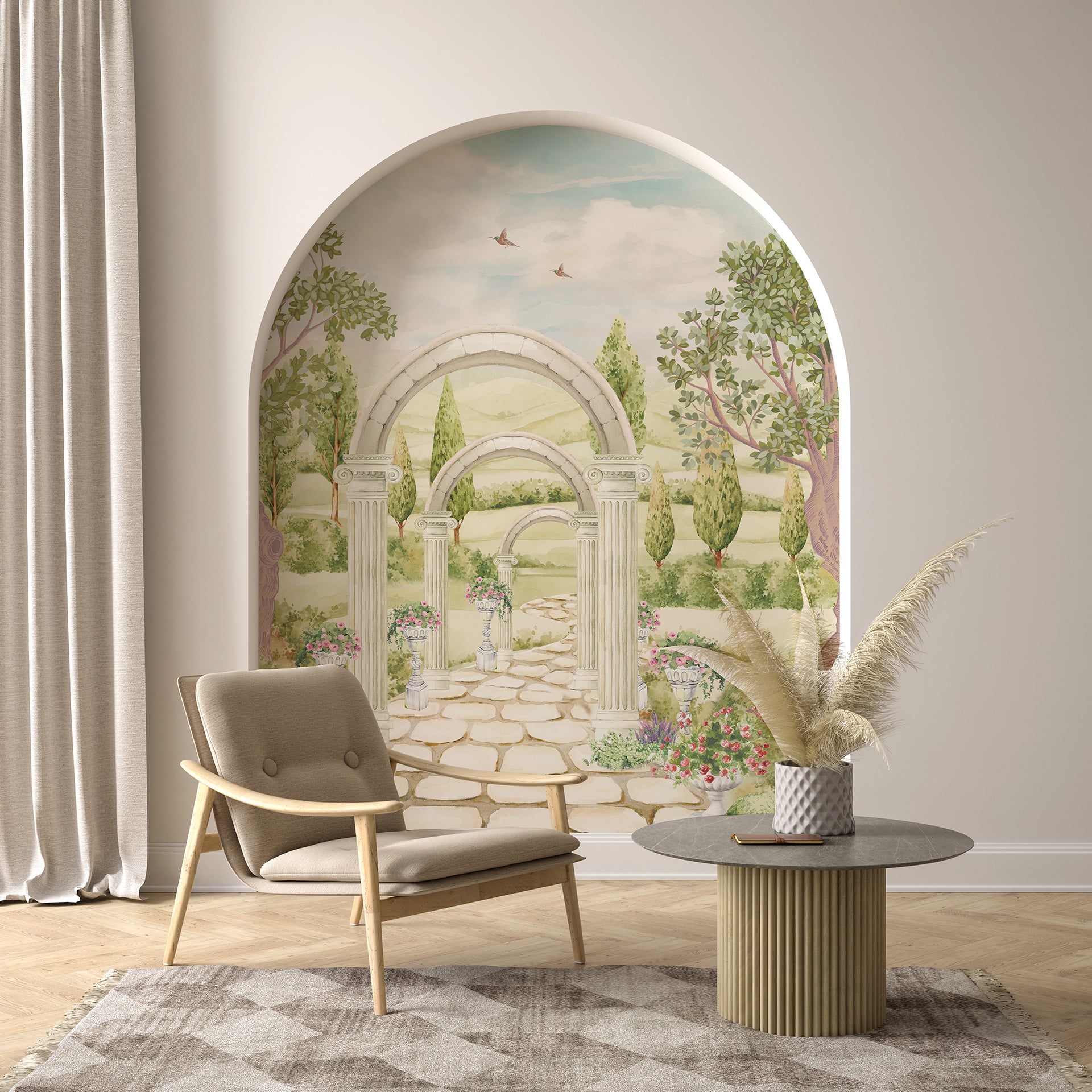 Courtyard Trail: Elegant Stone Garden Pathway with Romantic Archways and Floral Décor