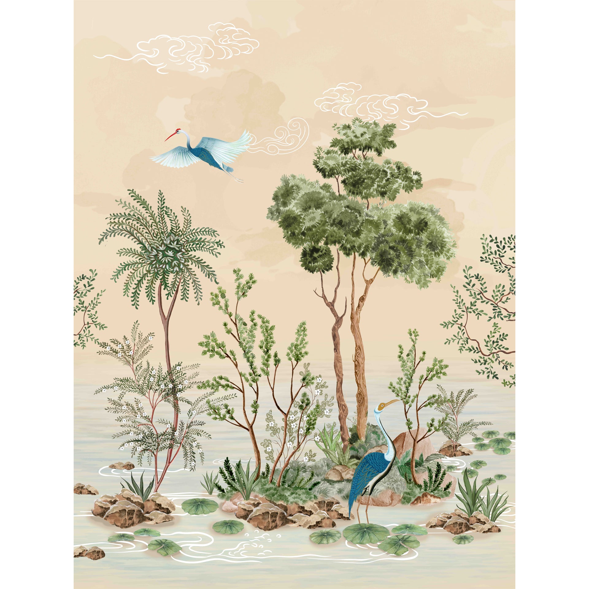 Cloudsong: A serene wetland scene with graceful cranes, still waters, and stylized trees
under soft swirling clouds