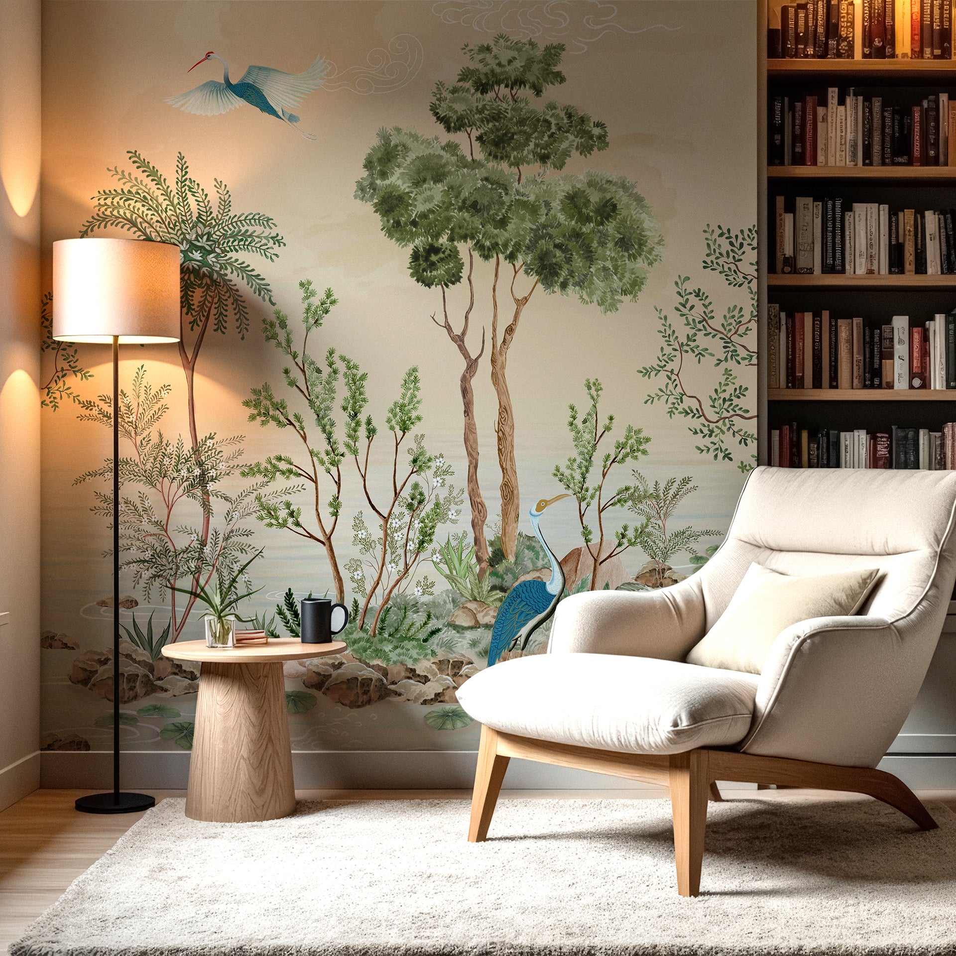 Cloudsong: A serene wetland scene with graceful cranes, still waters, and stylized trees
under soft swirling clouds