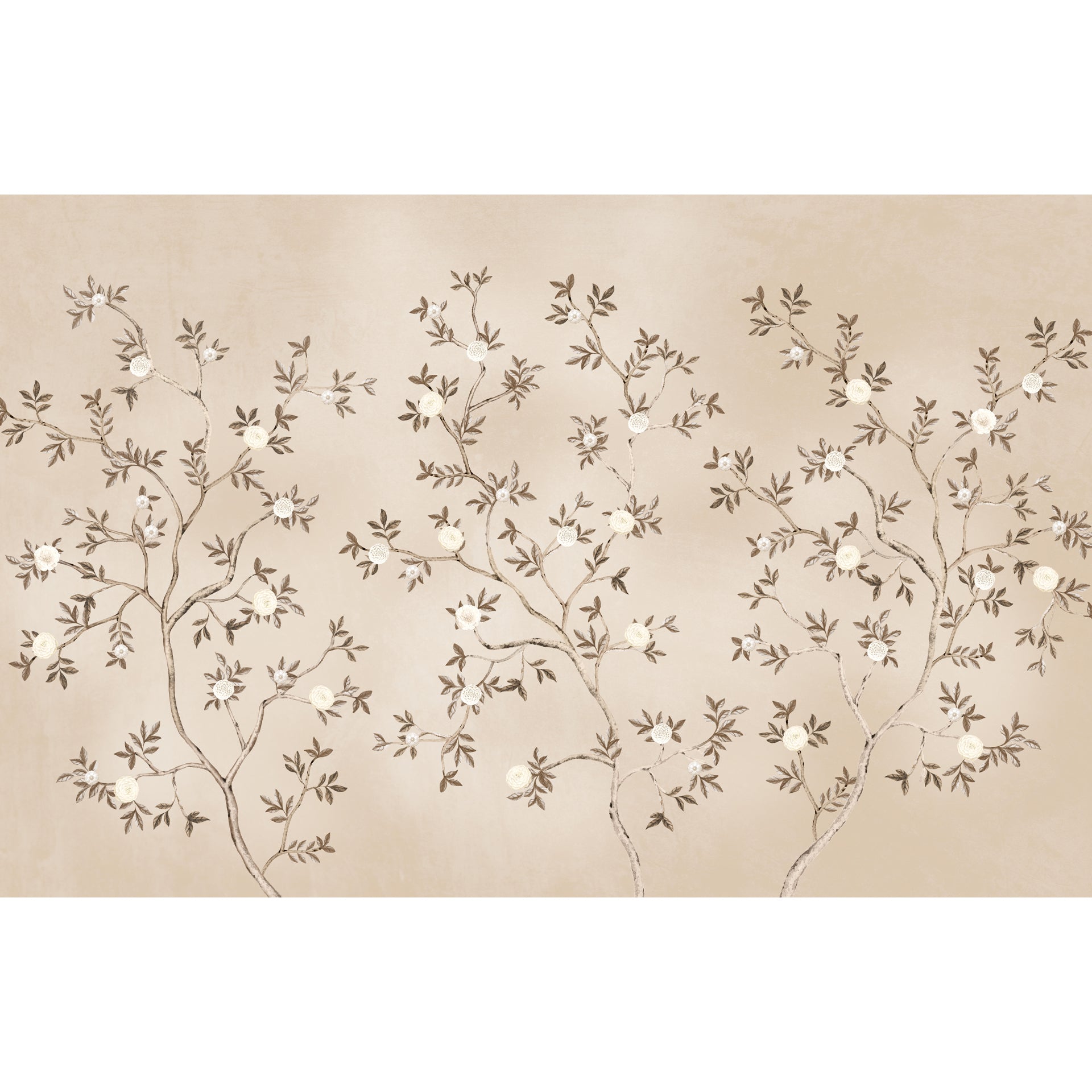 Petal Chorus: Delicate floral branches with soft white blooms on a muted beige base