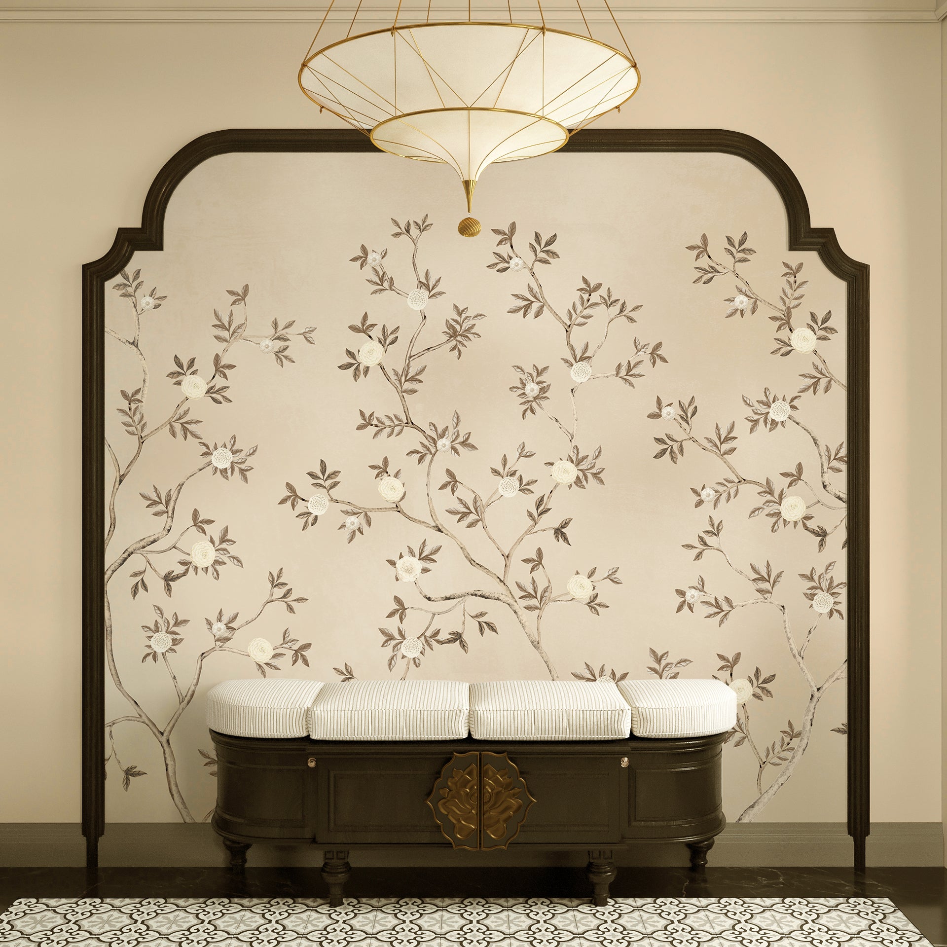 Petal Chorus: Delicate floral branches with soft white blooms on a muted beige base