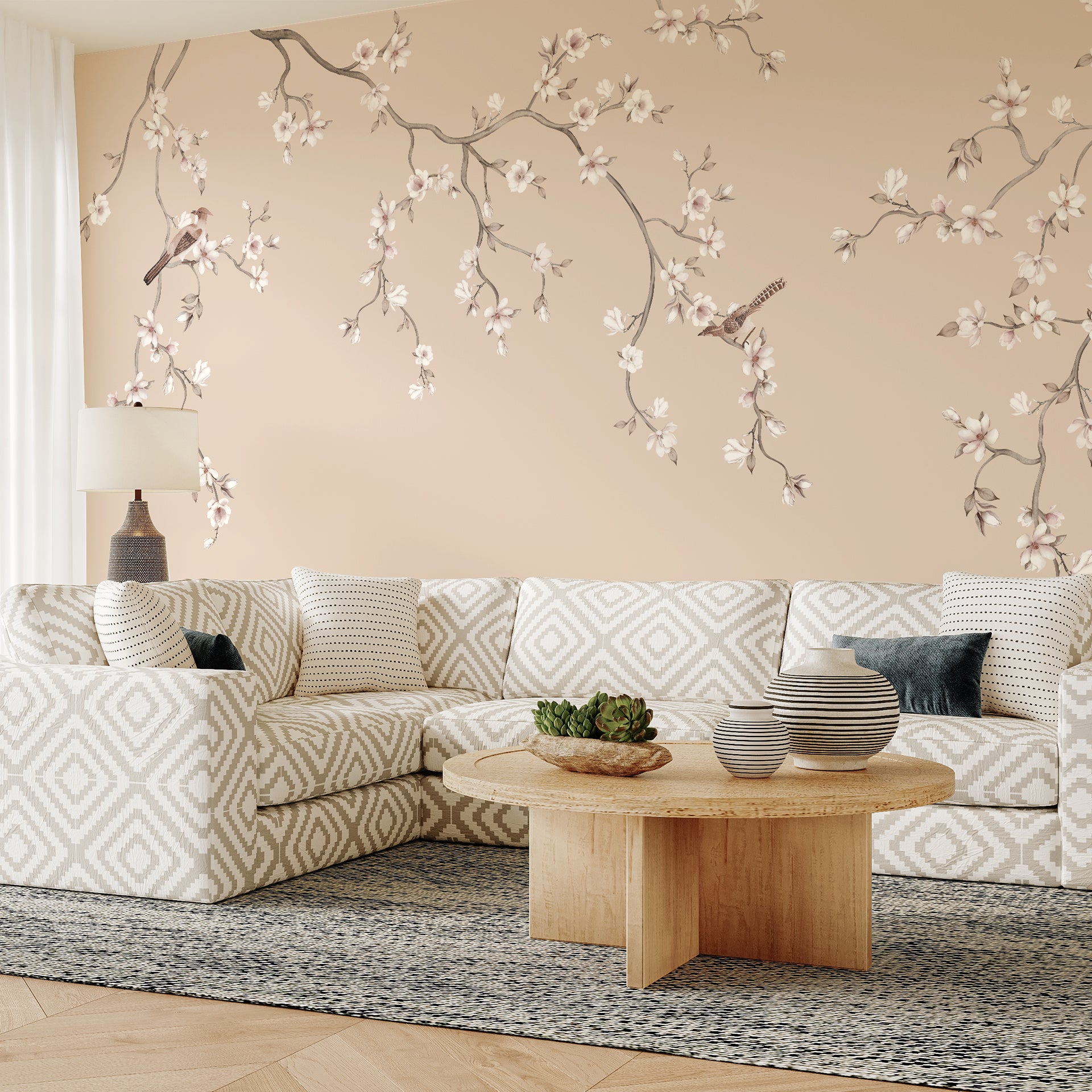 Song of Spring: A poetic spread of blossoms and birds sway across a soft beige background,
dotted with small birds