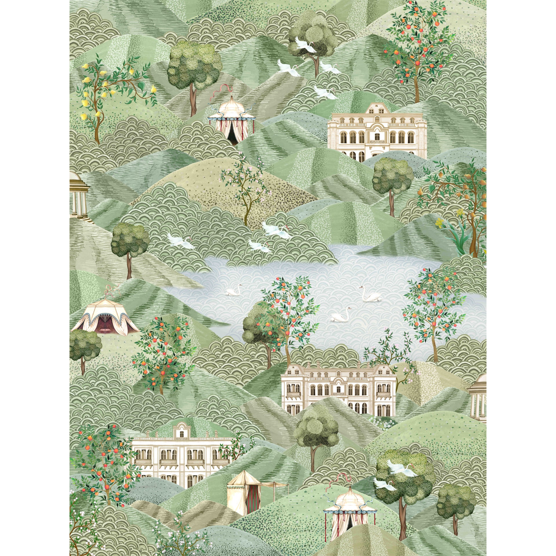 Hills of Harmony: A dreamy countryside scene with rolling green hills, elegant mansions, flowering trees,
and a serene lake dotted with swans