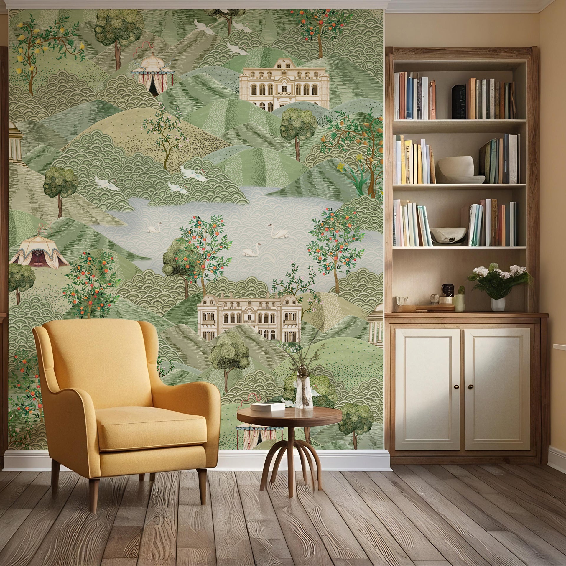 Hills of Harmony: A dreamy countryside scene with rolling green hills, elegant mansions, flowering trees,
and a serene lake dotted with swans