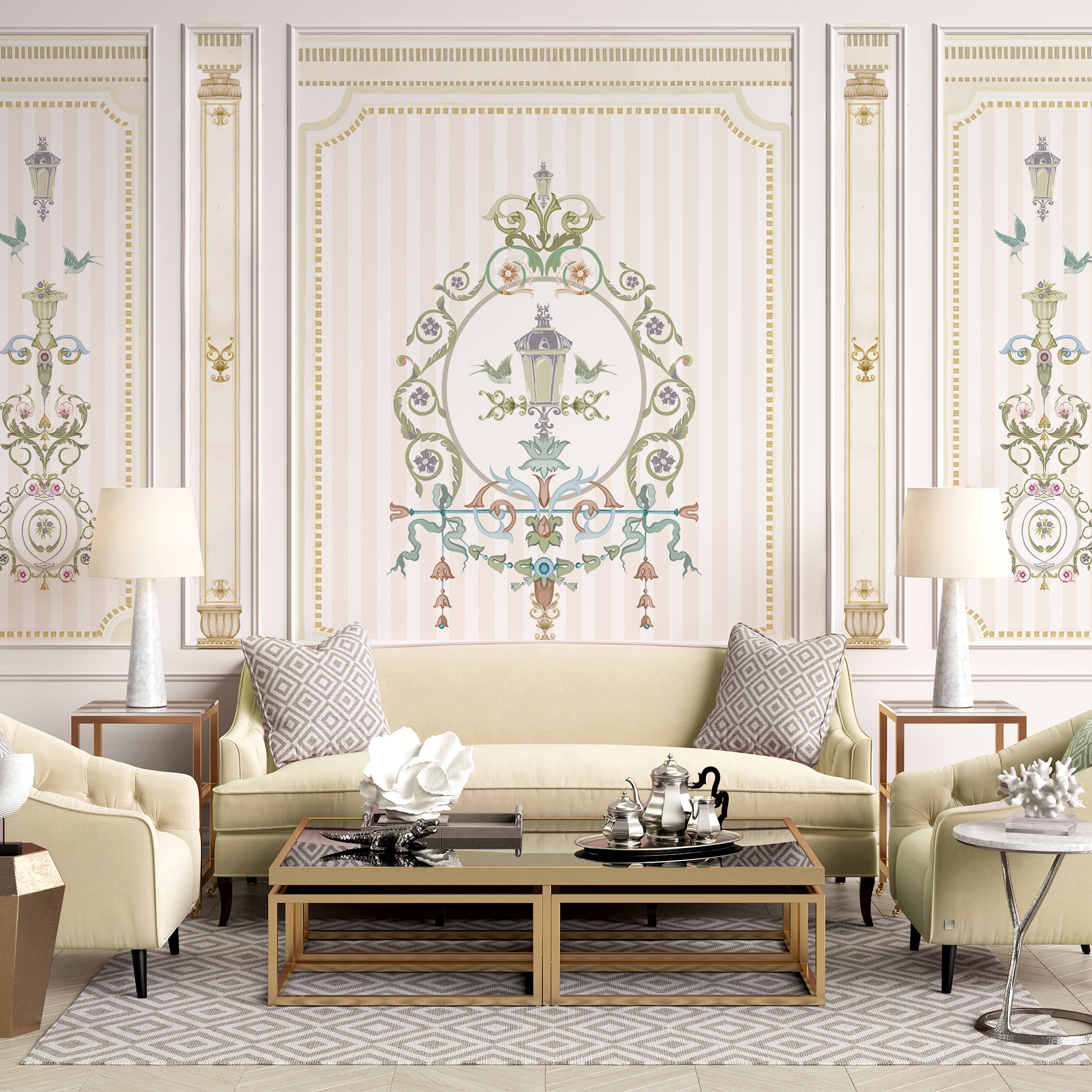 The Ornate Gallery: Elegant Ornate Decorative Design with Classical Pastel Floral Patterns and Columns