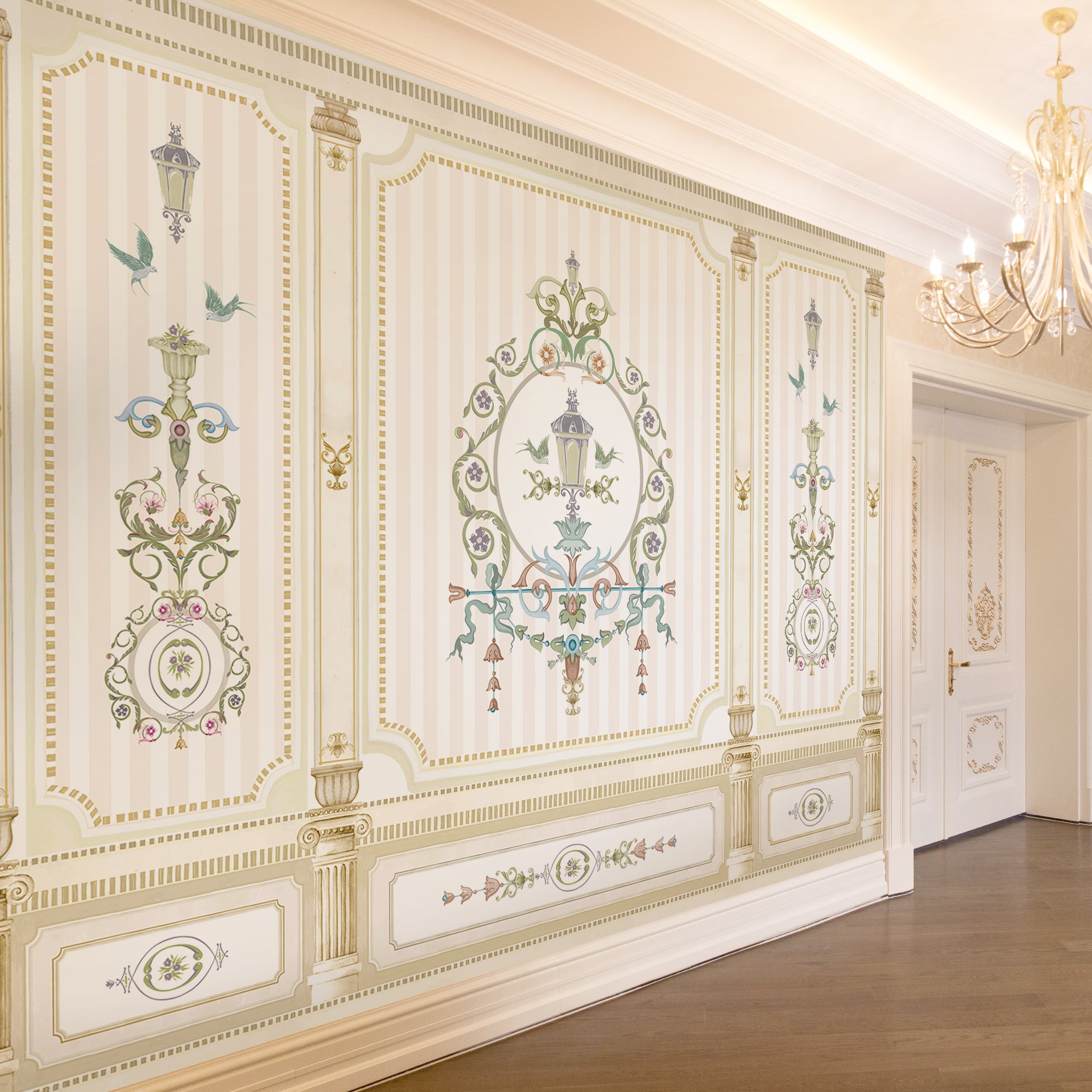 The Ornate Gallery: Elegant Ornate Decorative Design with Classical Pastel Floral Patterns and Columns