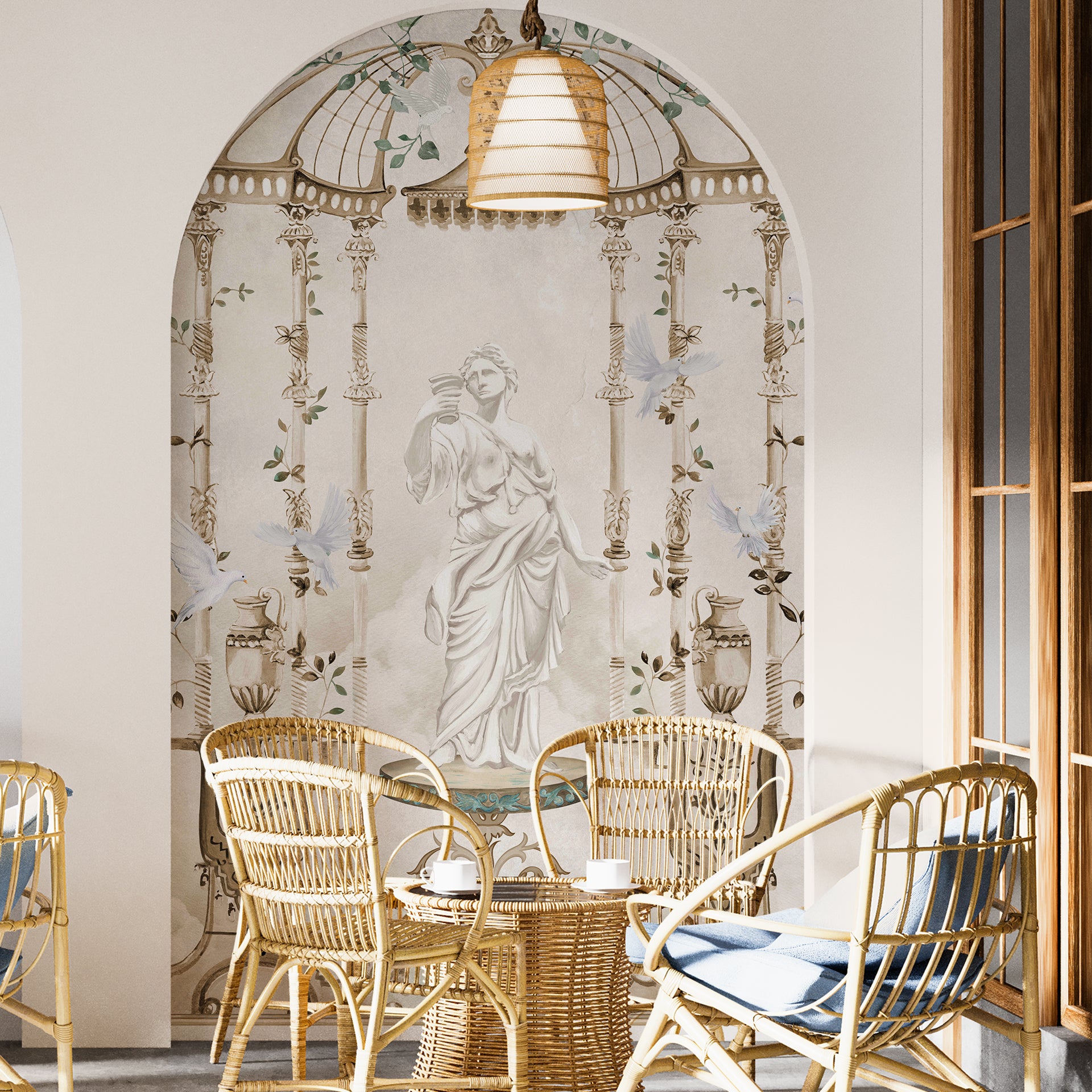 Garden Muse: Elegant Illustration of Classical Statue in Ornate Garden Setting