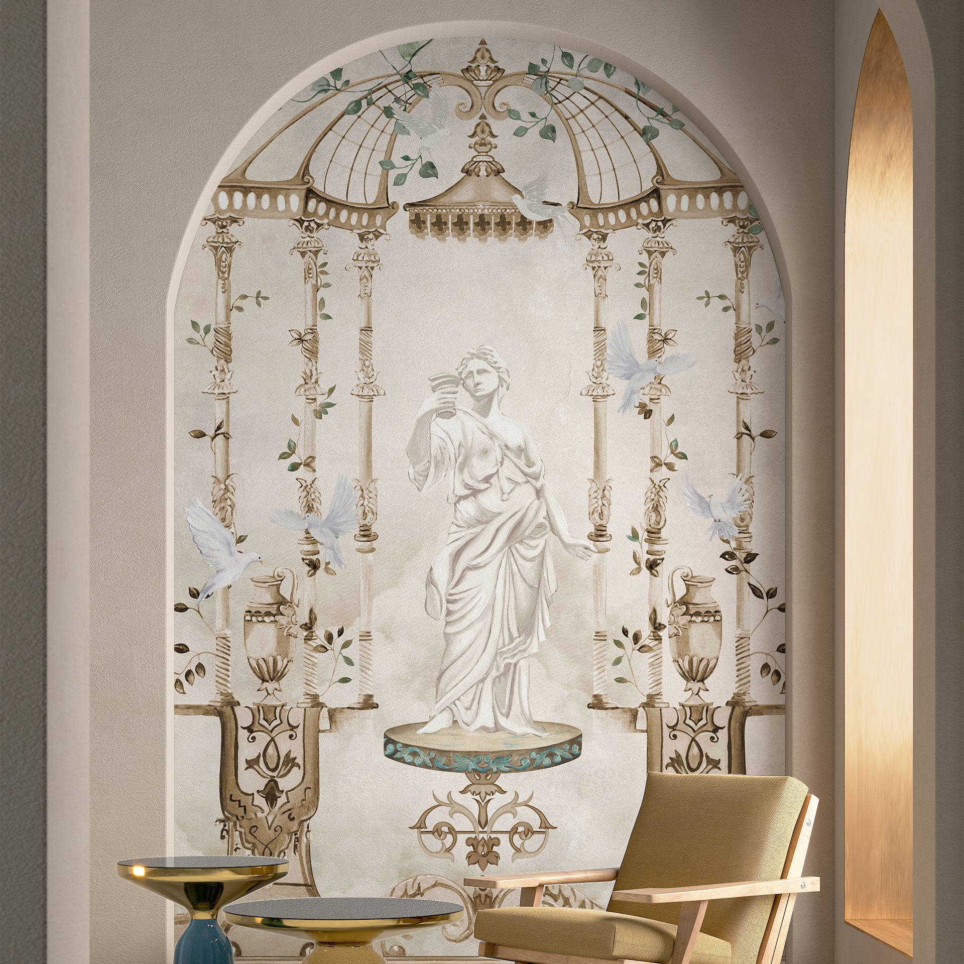 Garden Muse: Elegant Illustration of Classical Statue in Ornate Garden Setting