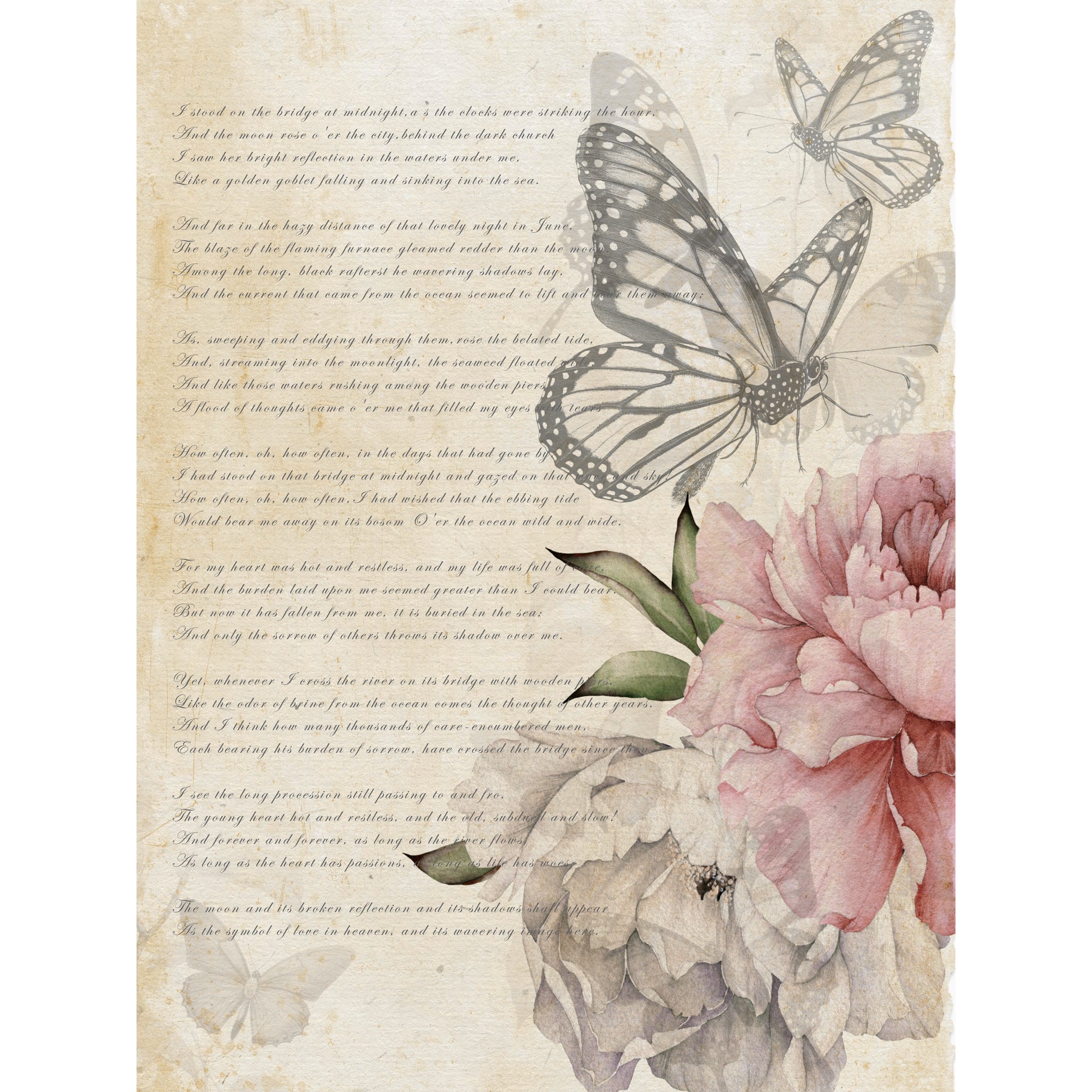 A Gentle Note:A soft, vintage composition combining delicate butterflies, blooming peonies,
and handwritten poetry.