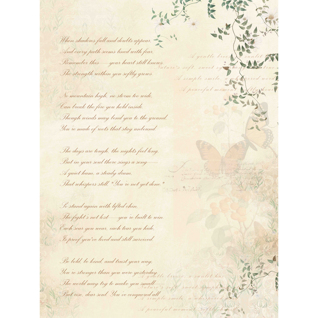 Poetic Flutter: A soft interplay of handwritten verse and fluttering butterflies evokes
serenity, grace, and fleeting beauty