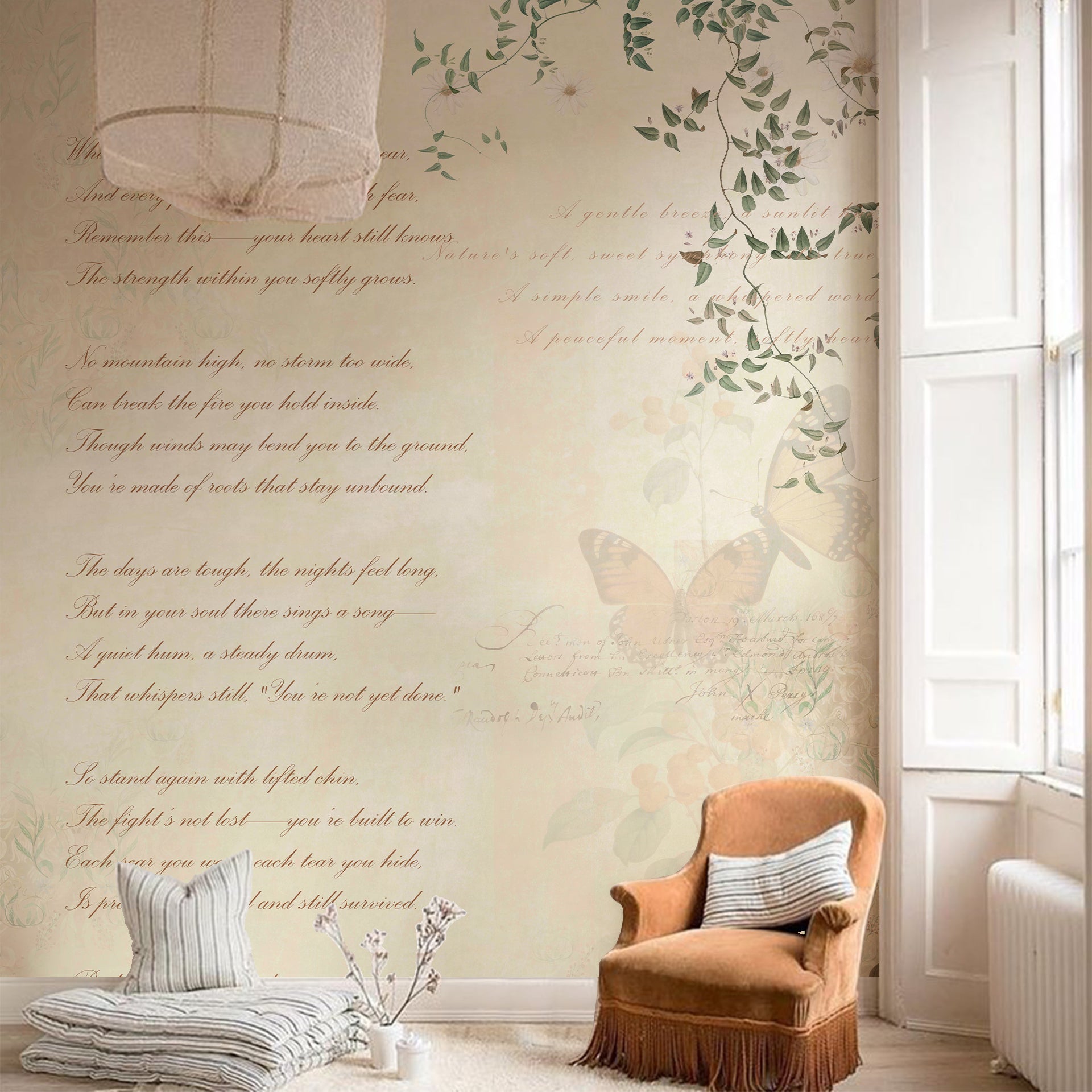 Poetic Flutter: A soft interplay of handwritten verse and fluttering butterflies evokes
serenity, grace, and fleeting beauty