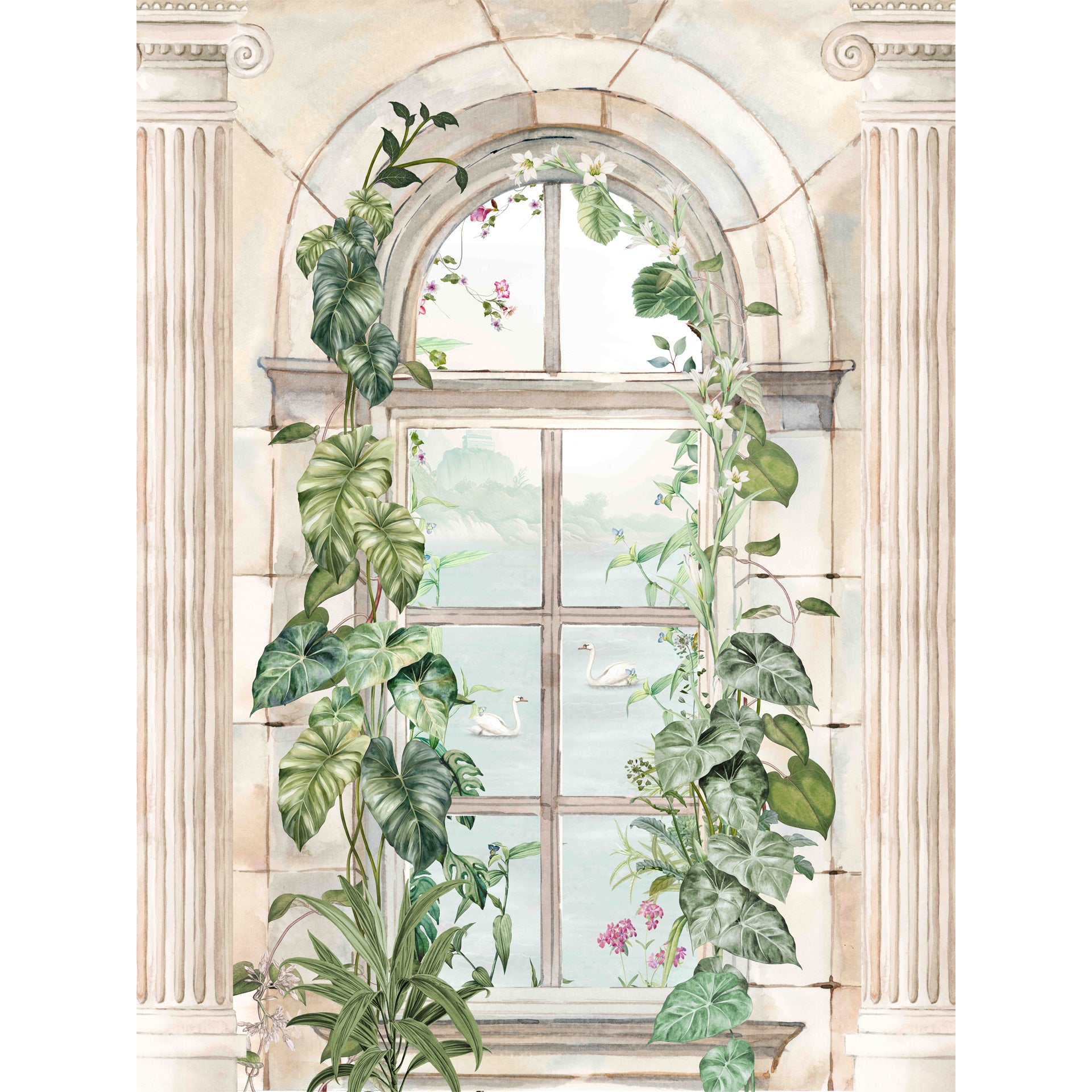 The Dreamy Window: A tall arched window framed by climbing vines opens to a peaceful river
view