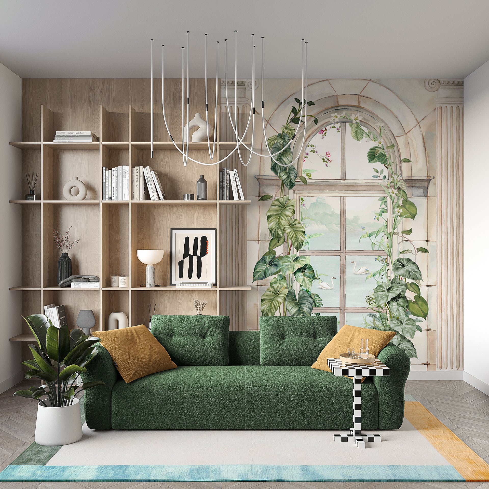The Dreamy Window: A tall arched window framed by climbing vines opens to a peaceful river
view