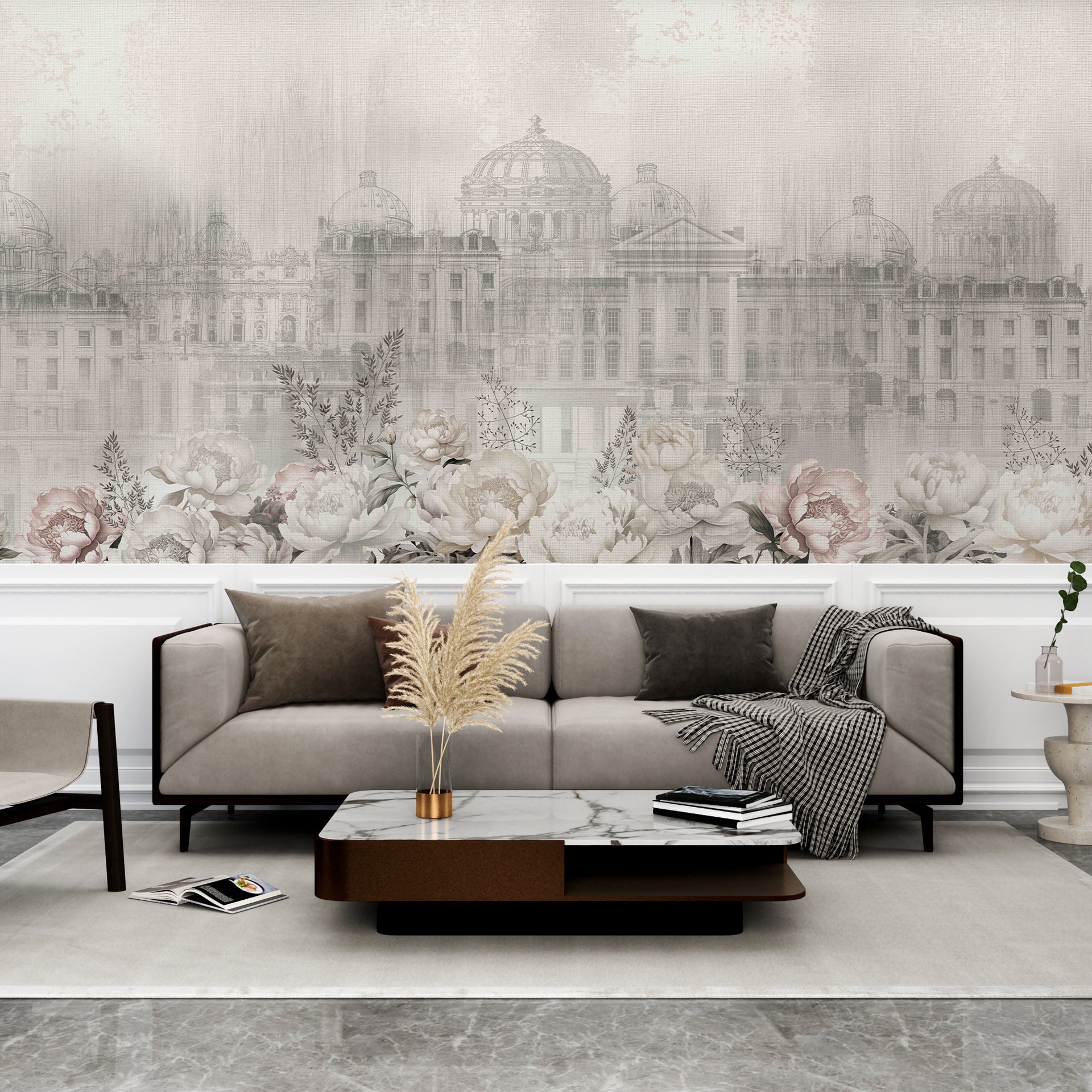 Faded Facades: Elegant Architectural Facade with Floral Accents in Vintage Tones