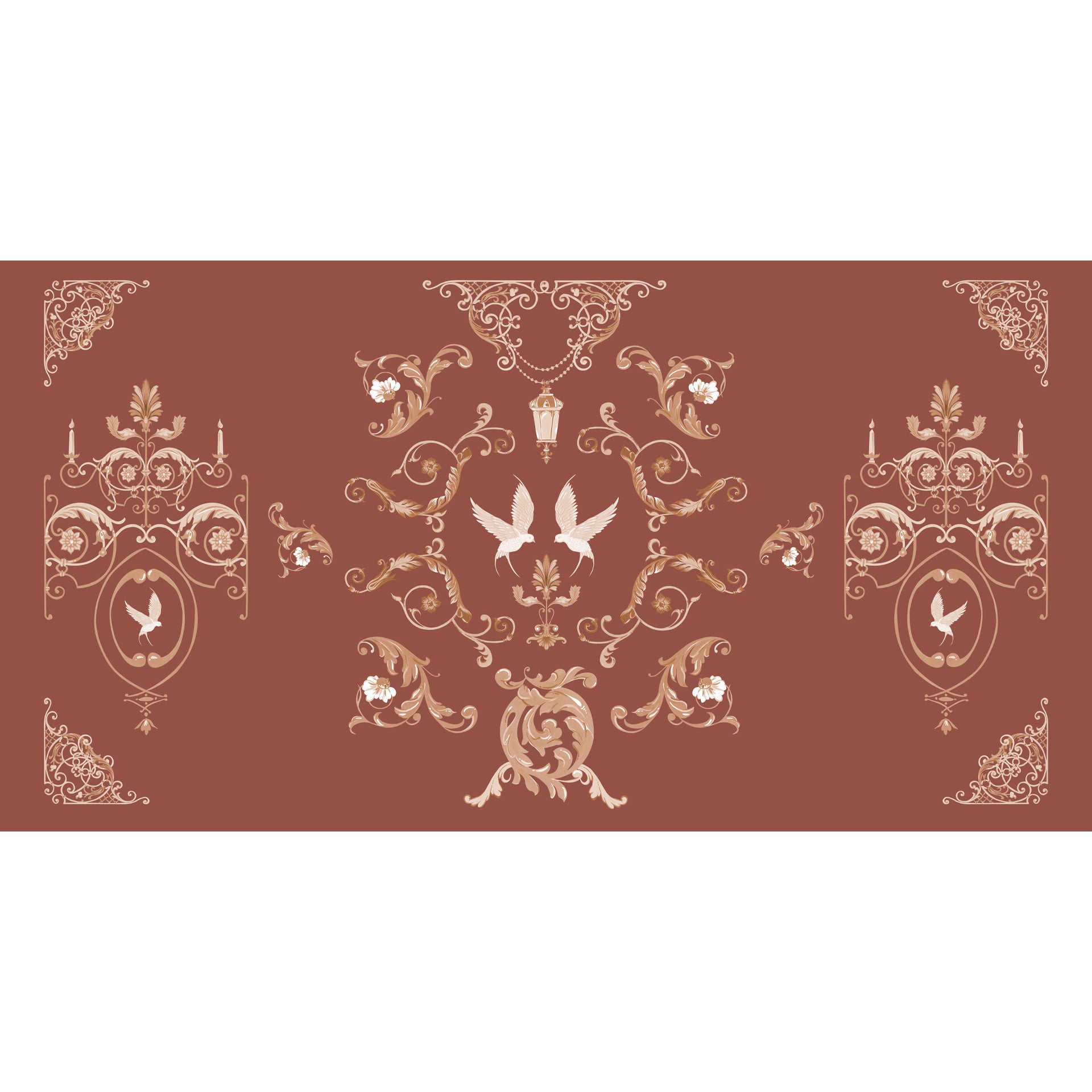 Royal Affection: Richly adorned in rococo symmetry, this pattern pairs winged grace with
regal scrollwork and timeless floral detail