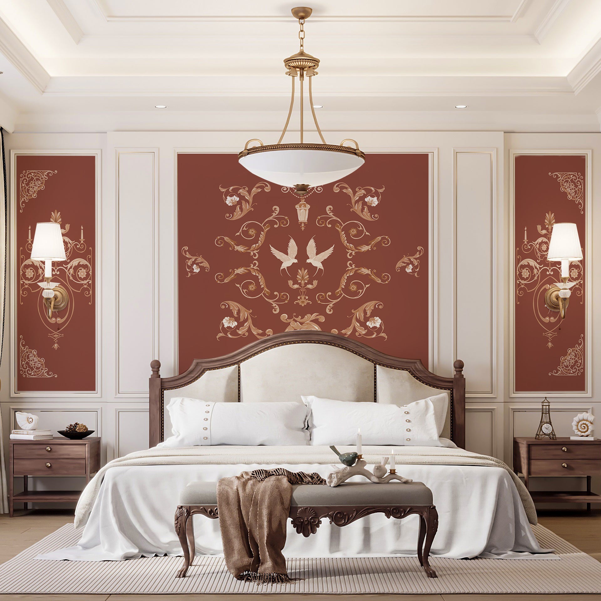 Royal Affection: Richly adorned in rococo symmetry, this pattern pairs winged grace with
regal scrollwork and timeless floral detail