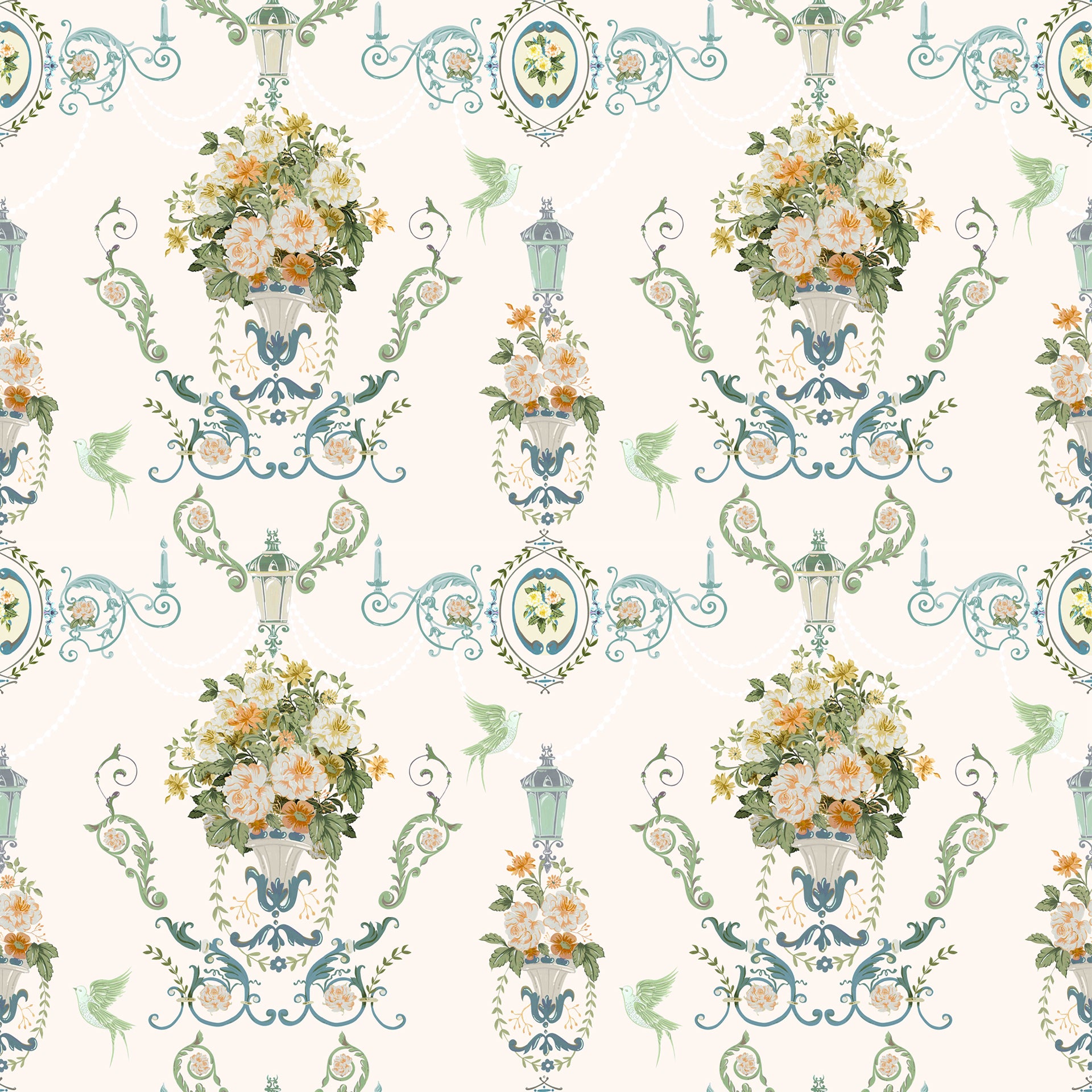 La Roseraie: An elegant composition of blooming florals in a classical urn, framed by
vintage lanterns, soft scrolls, and delicate birds