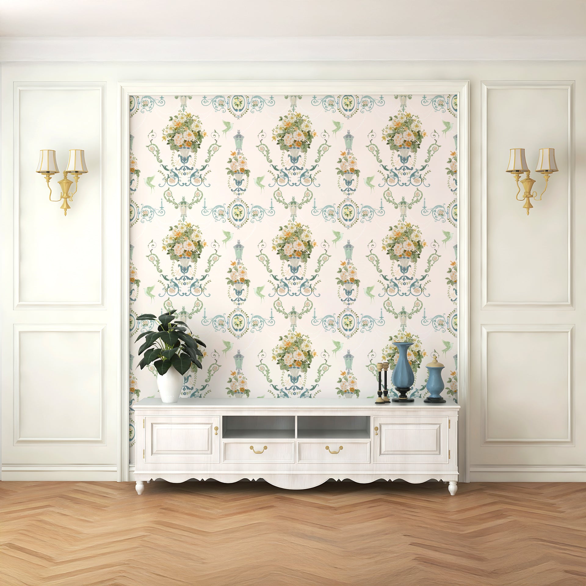 La Roseraie: An elegant composition of blooming florals in a classical urn, framed by
vintage lanterns, soft scrolls, and delicate birds