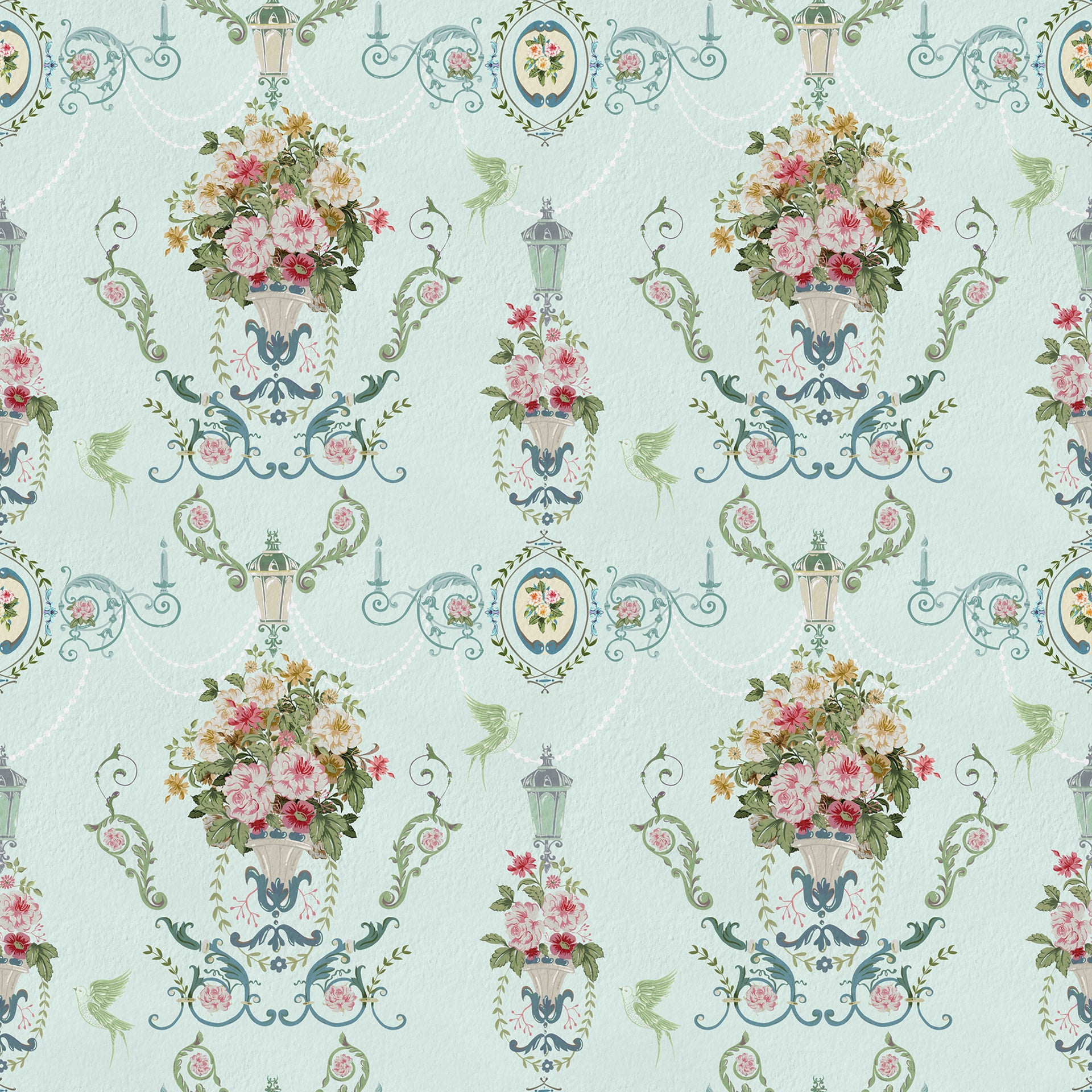 La Roseraie Blue: Elegant Vintage Floral Ornamental Pattern with Pastel Tones and Detailed Design