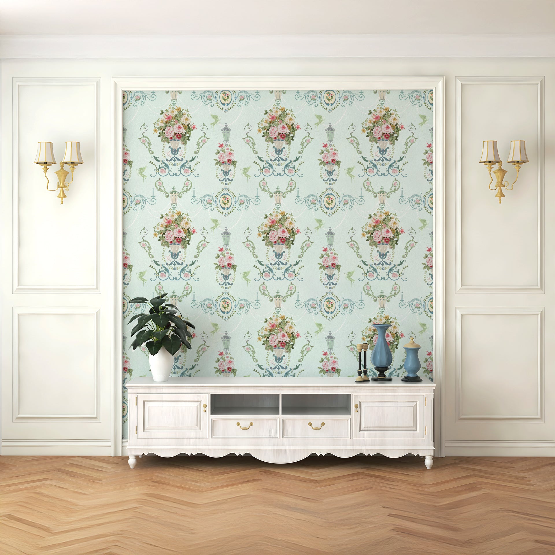 La Roseraie Blue: Elegant Vintage Floral Ornamental Pattern with Pastel Tones and Detailed Design