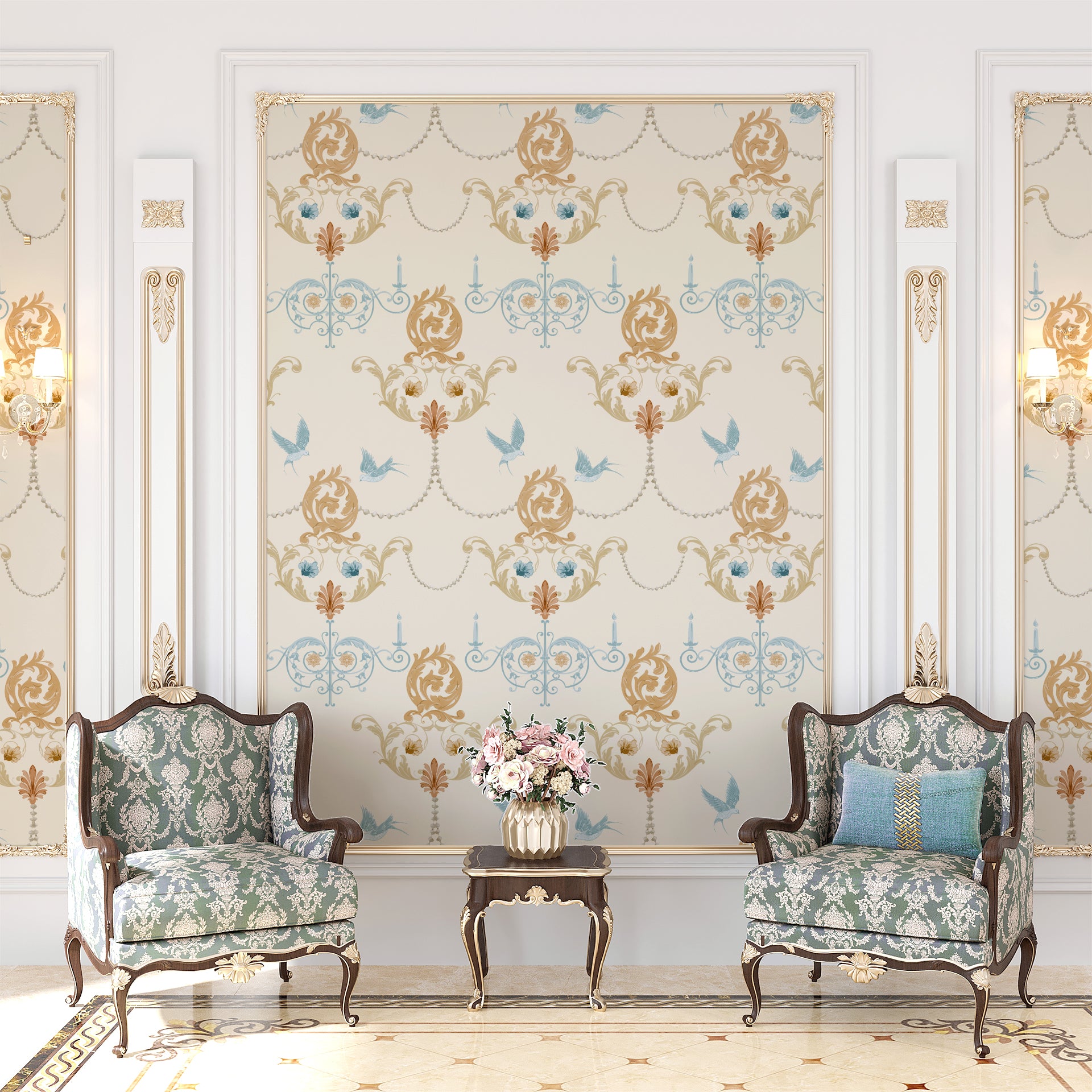 Candlelight Whisper: An elegant composition of decorative candles surrounded by scrolls, florals,
and ornamental frames