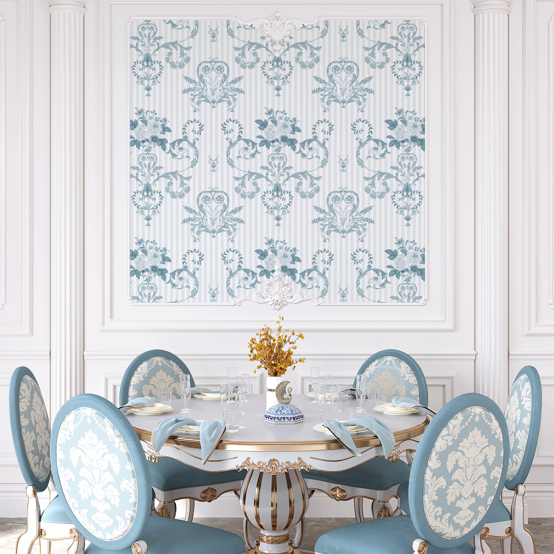 Indigo Lace: Ornate blue detailing dances over soft stripes, blending structure
with calm elegance
