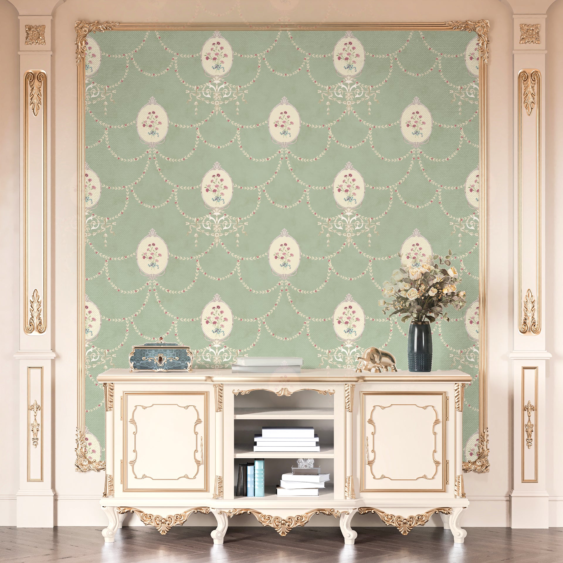 Bows & Bouquets: Elegant Vintage Floral Pattern with Pastel Motifs and Decorative Swags