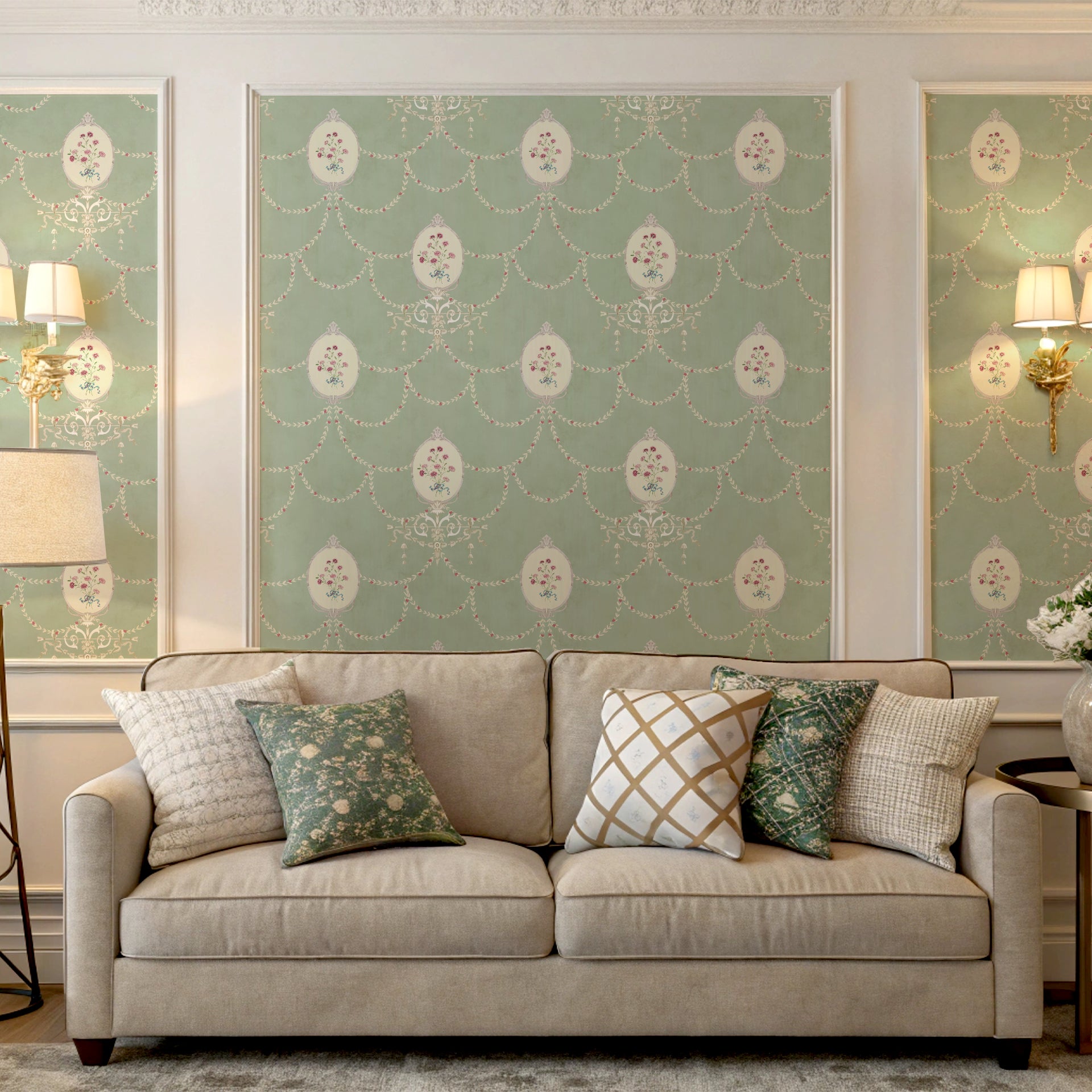 Bows & Bouquets: Elegant Vintage Floral Pattern with Pastel Motifs and Decorative Swags