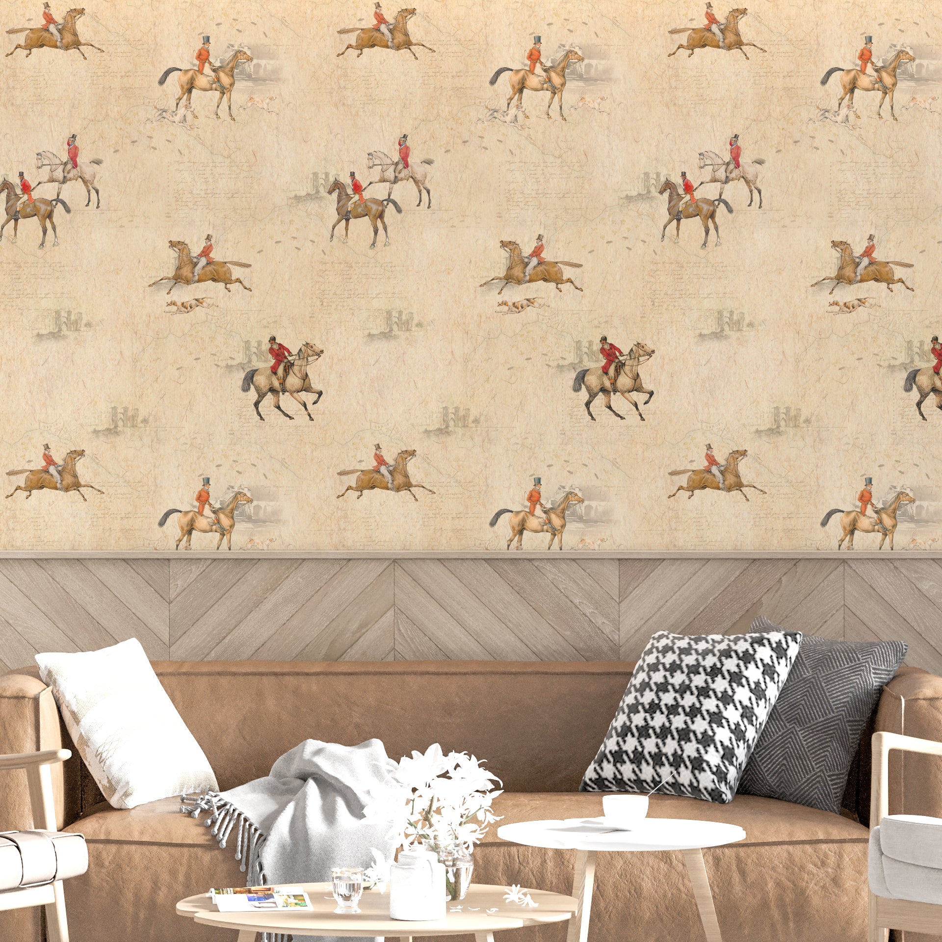 Through the Bridle Path: A vintage-inspired repeating pattern featuring English horse riders and
equestrian details