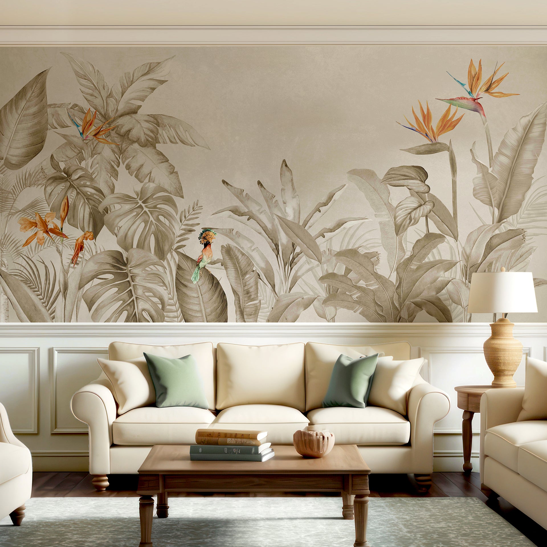 Jungle Bloom Sepia: Tropical Plants And Birds Of Paradise In Vintage Botanical Illustration