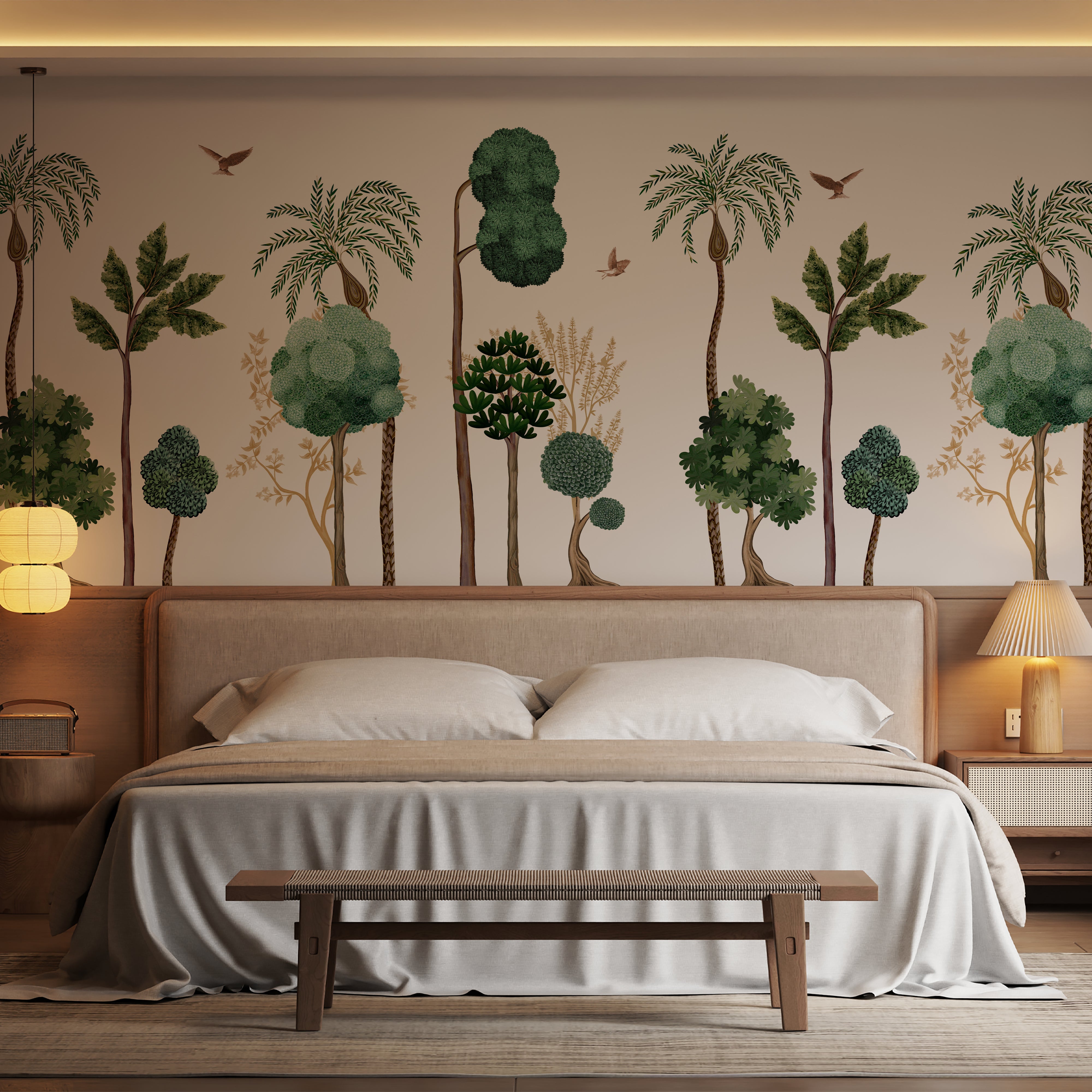 Emerald Horizon: Colorful Jungle Trees and Palm Forest Landscape Illustration