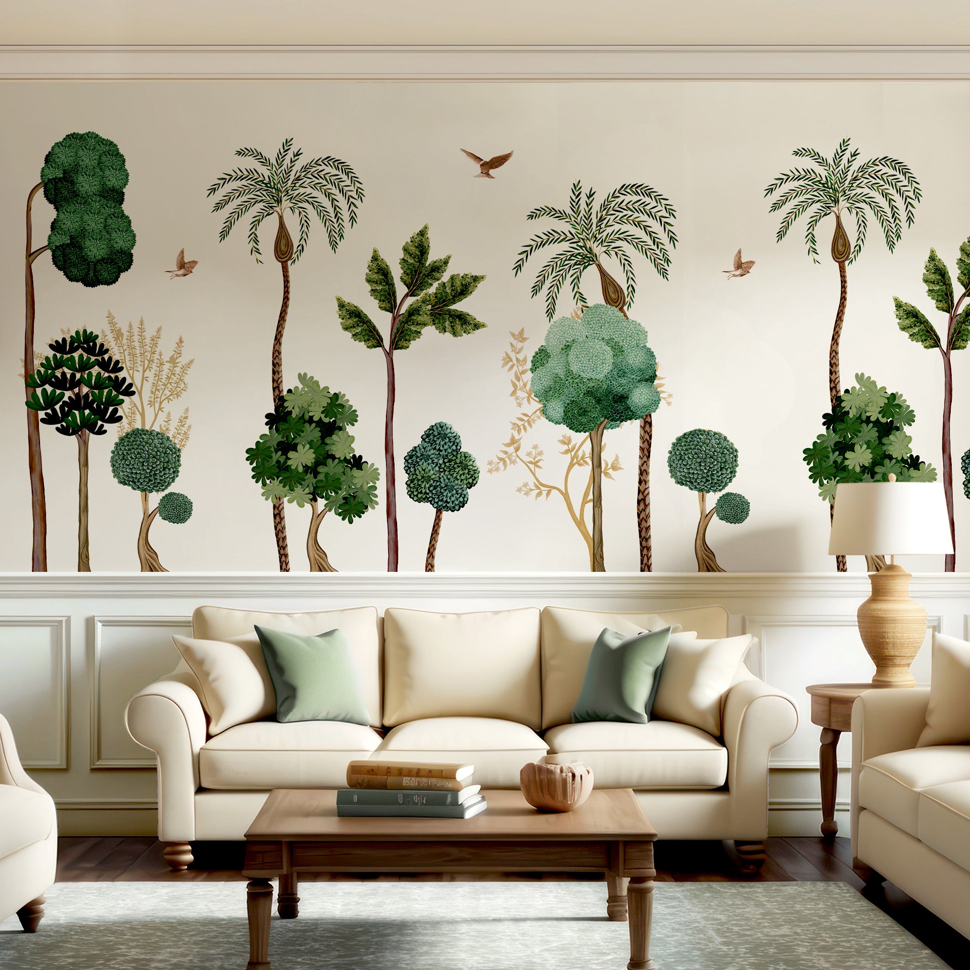 Emerald Horizon: Colorful Jungle Trees and Palm Forest Landscape Illustration