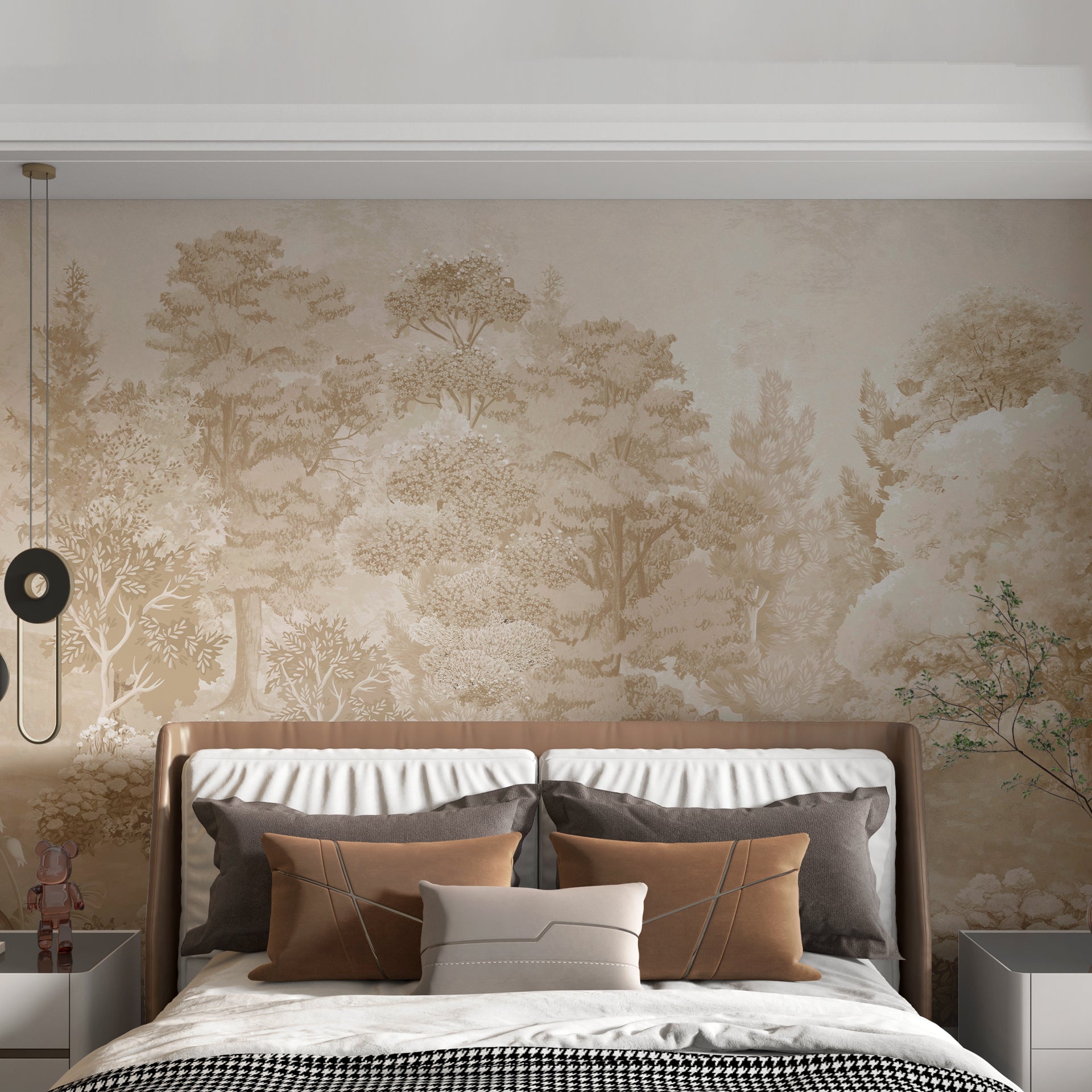 Terra Shade: Serene Sepia Forest Landscape With Lush Trees, Flowers for Vintage Decor