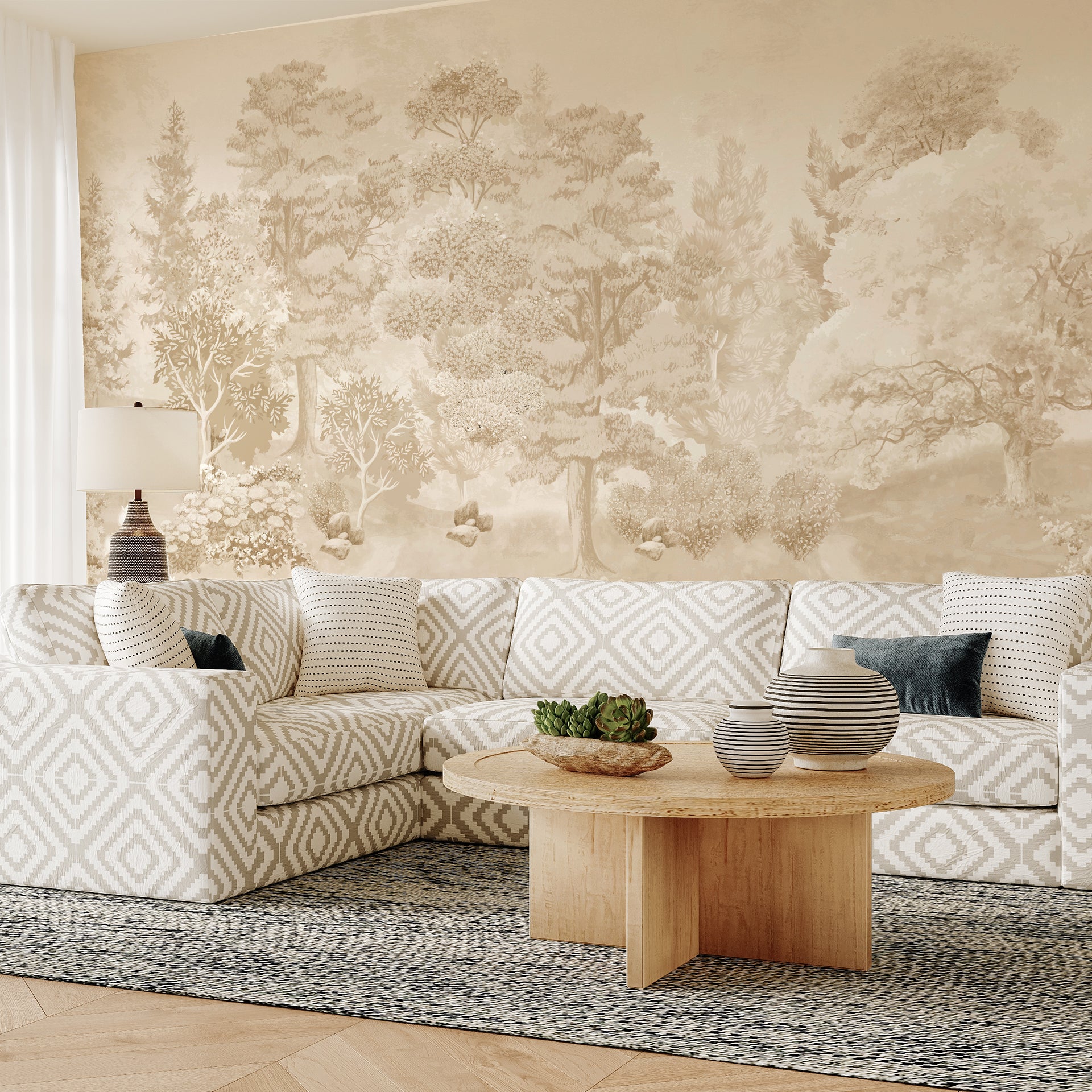 Terra Shade: Serene Sepia Forest Landscape With Lush Trees, Flowers for Vintage Decor