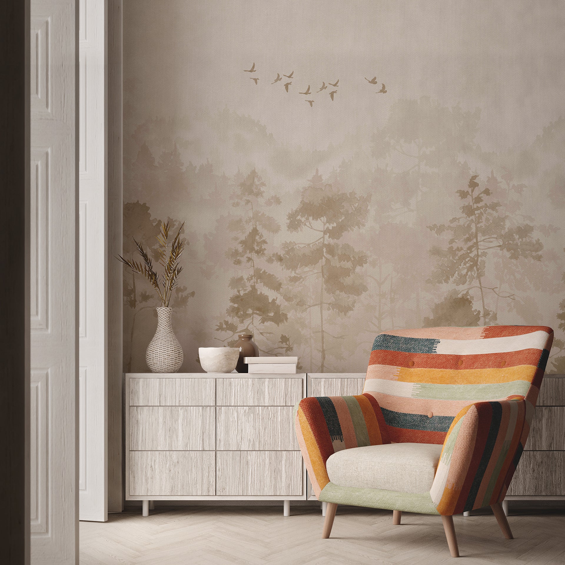 Mistwood: Forest  wallpaper With Soft Beige Fog, Silhouetted Trees, And Flying Birds In Peaceful Light
