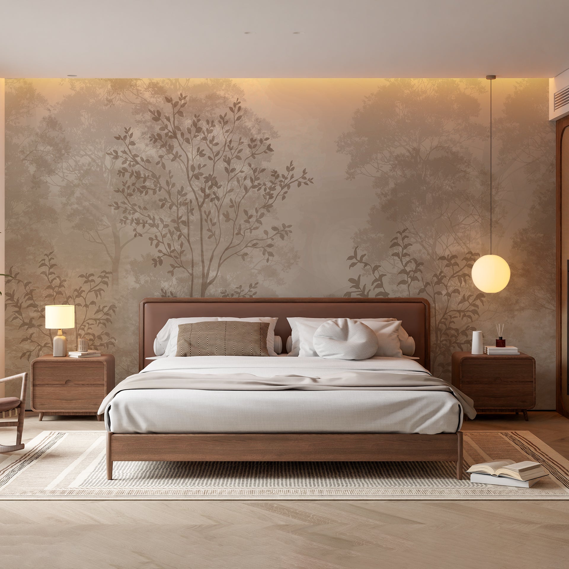 Forest Silhouttes: Soft wallpaper in Warm Beige Tones Creating Calm Natural Background