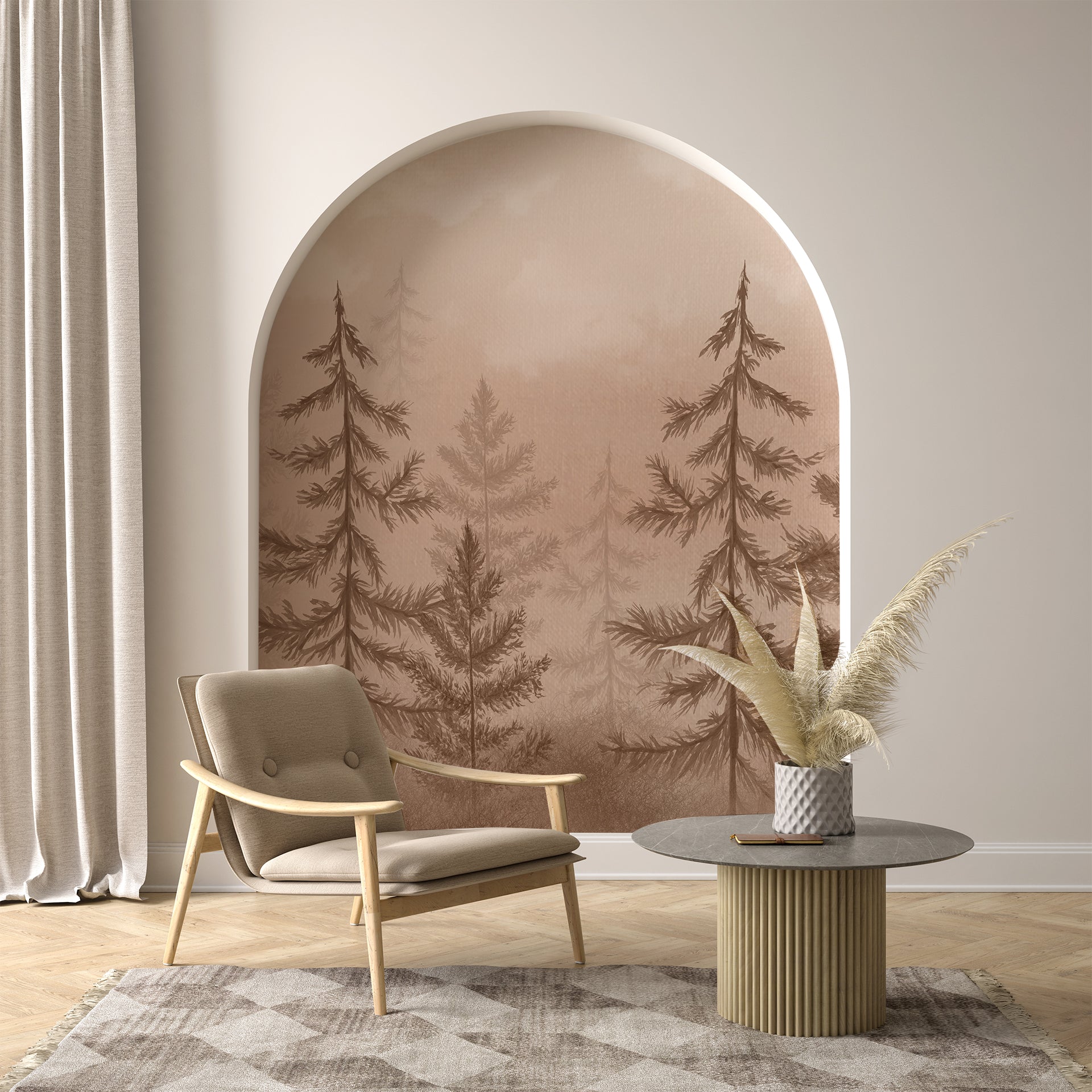 Pine Align: Serene Sepia Pine Forest in Mist