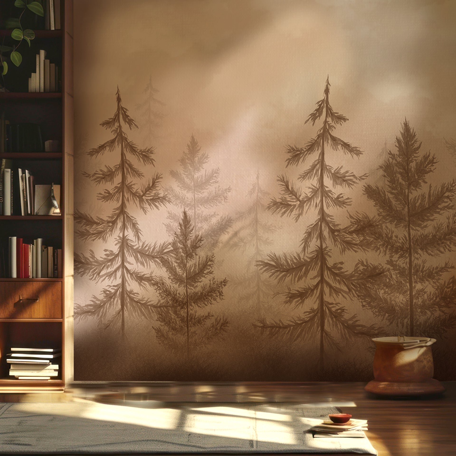 Pine Align: Serene Sepia Pine Forest in Mist