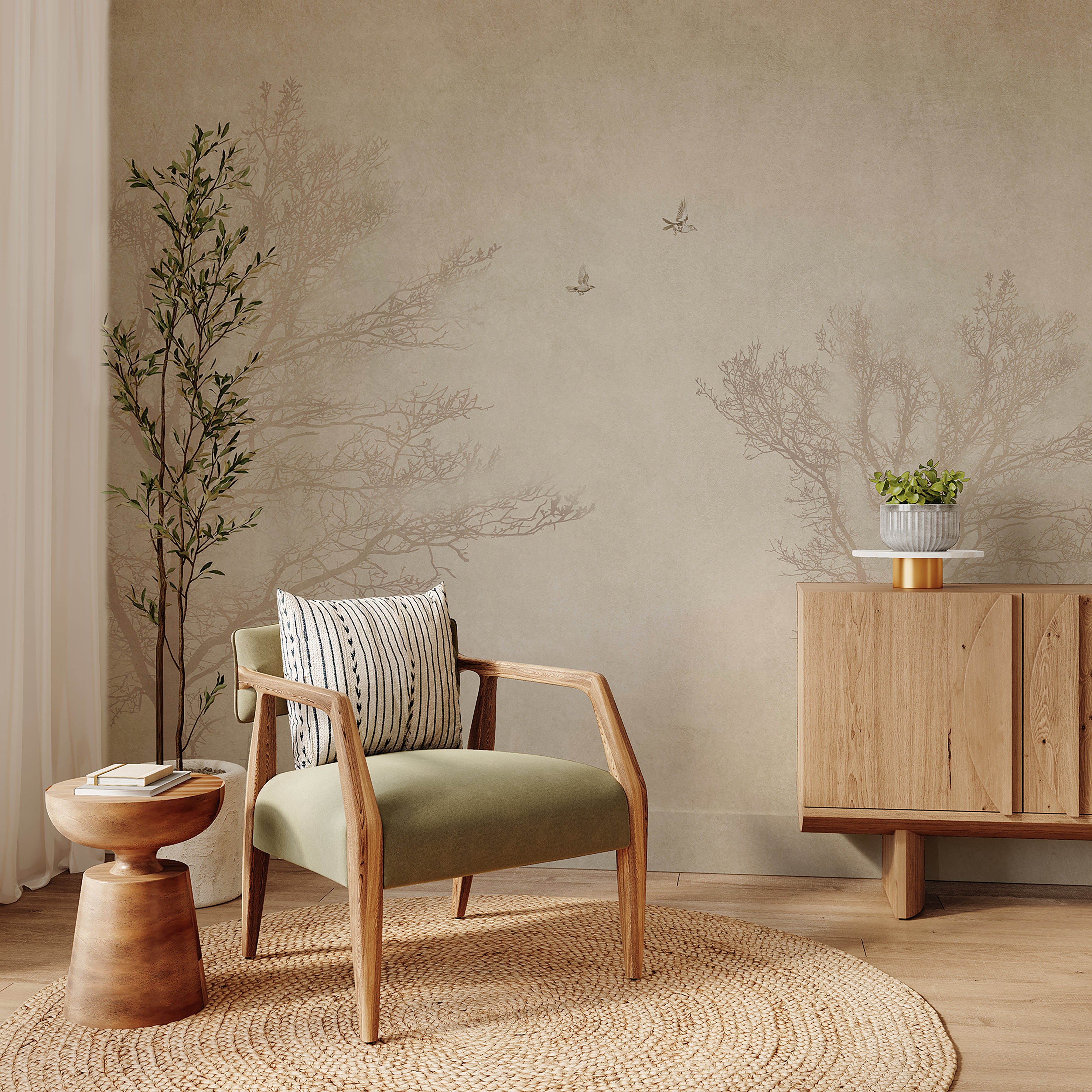 Airy Woods: Sepia Woods With Bare Trees and Flying Birds, Soft Vintage Texture